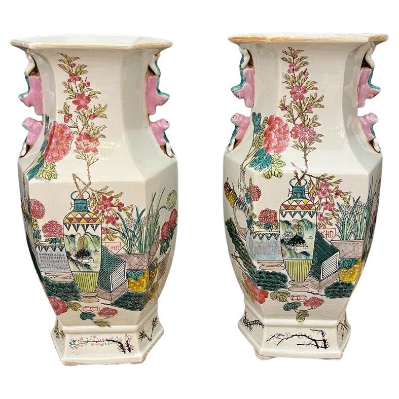Pair 20th Century Chinese Famille Rose Vases