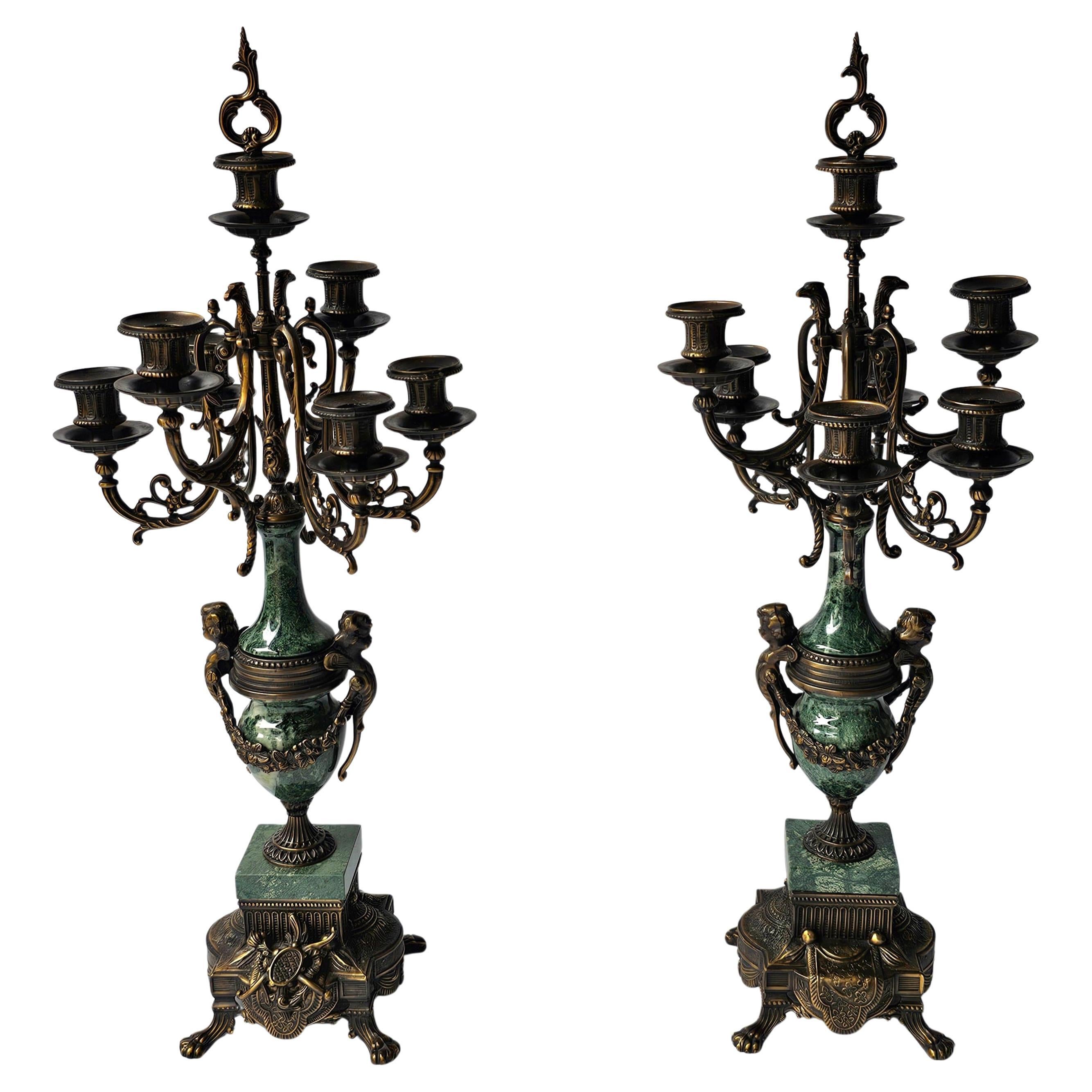 Pair 20th Century Empire Patinated and Green Marble Urn Form 7-Light Candelabra