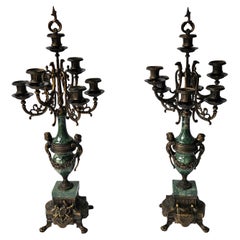 Pair 20th Century Empire Patinated and Green Marble Urn Form 7-Light Candelabra