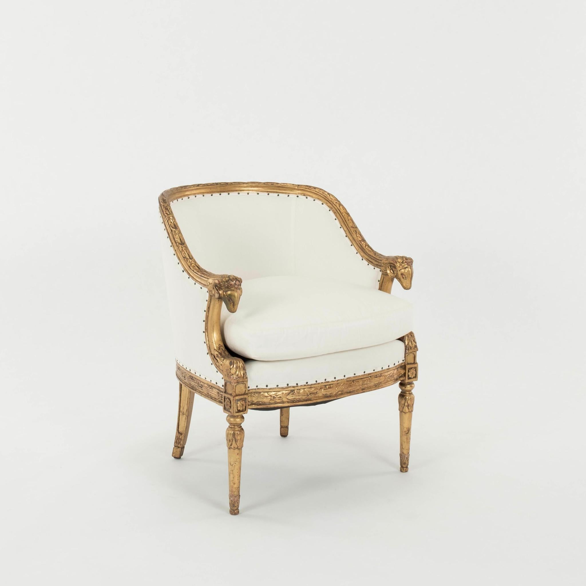 Neoclassical Pair 20th Century Empire Style Gold Gilt Ram Heads Bergère or Tub Chair
