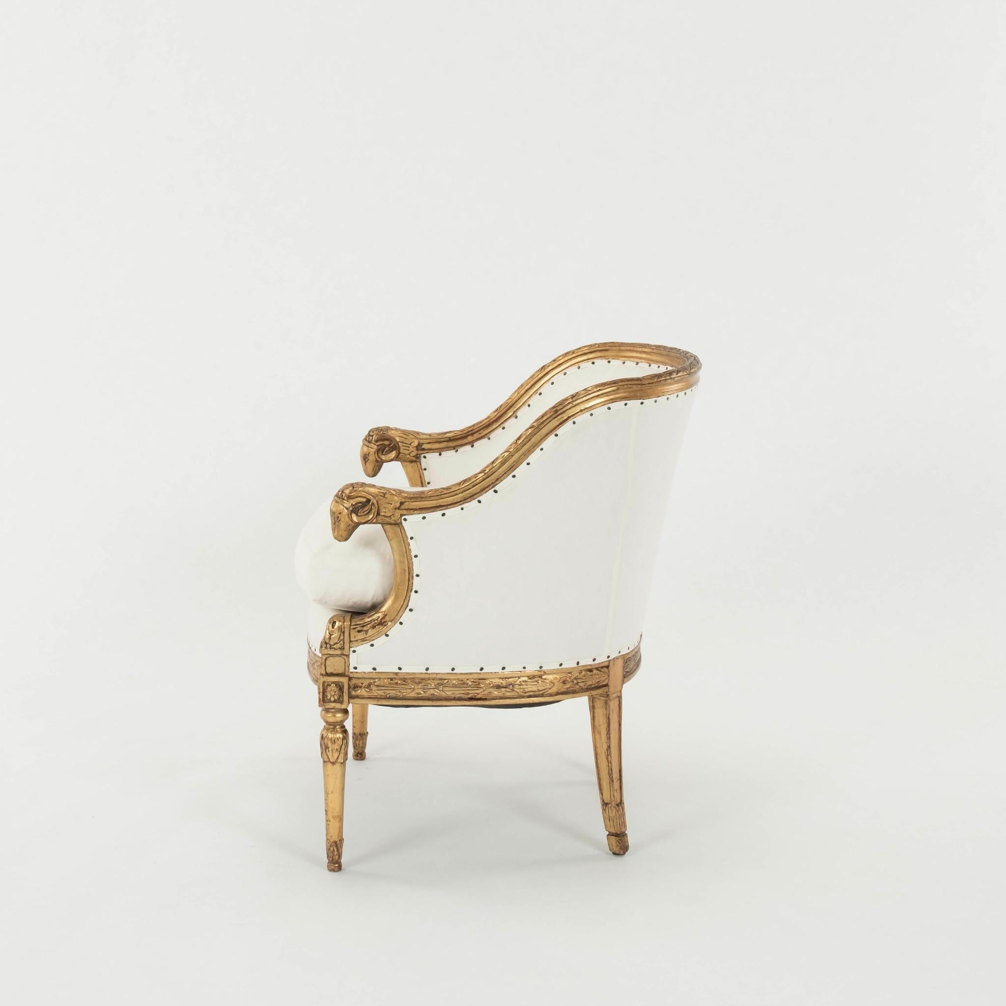 Pair 20th Century Empire Style Gold Gilt Ram Heads Bergère or Tub Chair In Good Condition In Houston, TX