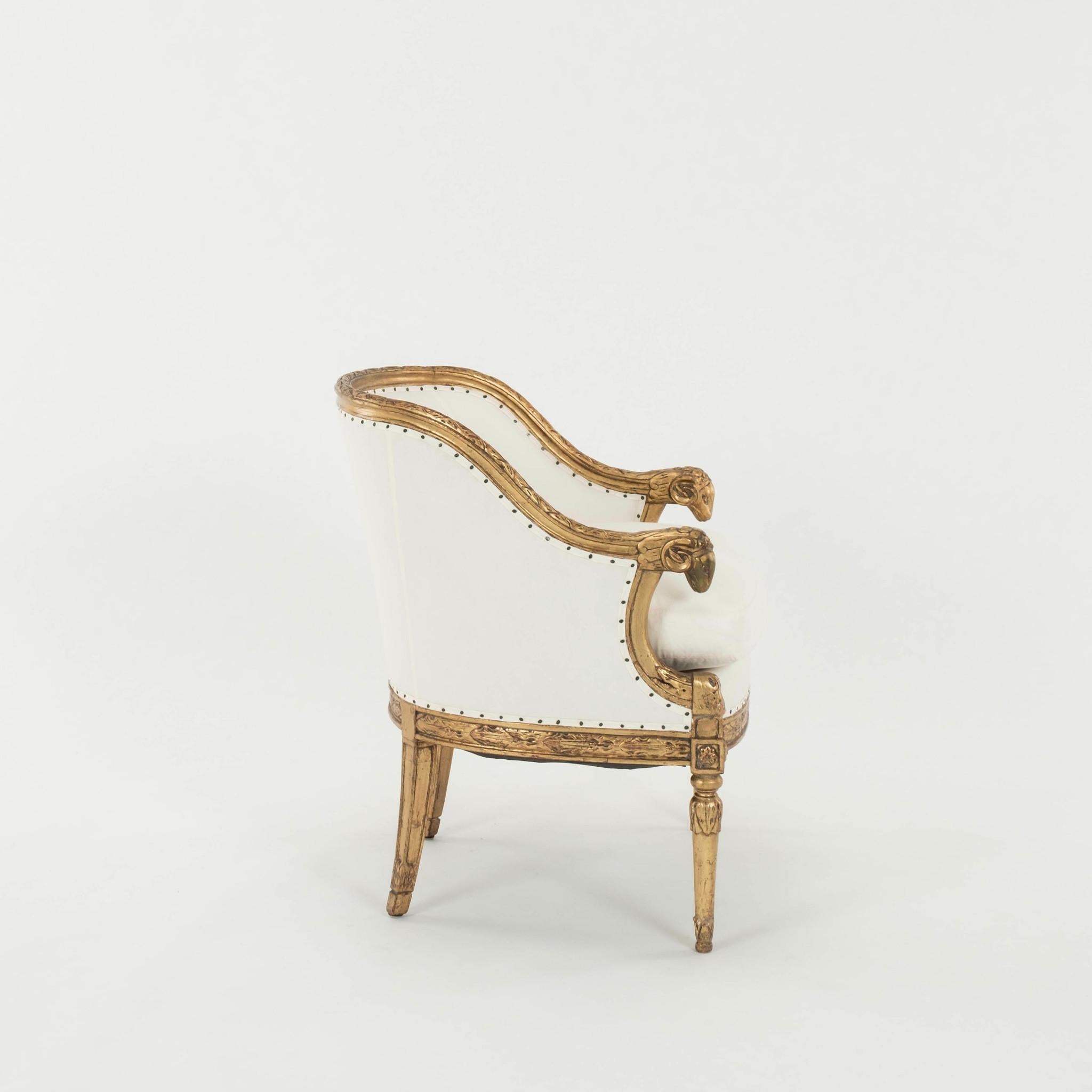 Wood Pair 20th Century Empire Style Gold Gilt Ram Heads Bergère or Tub Chair