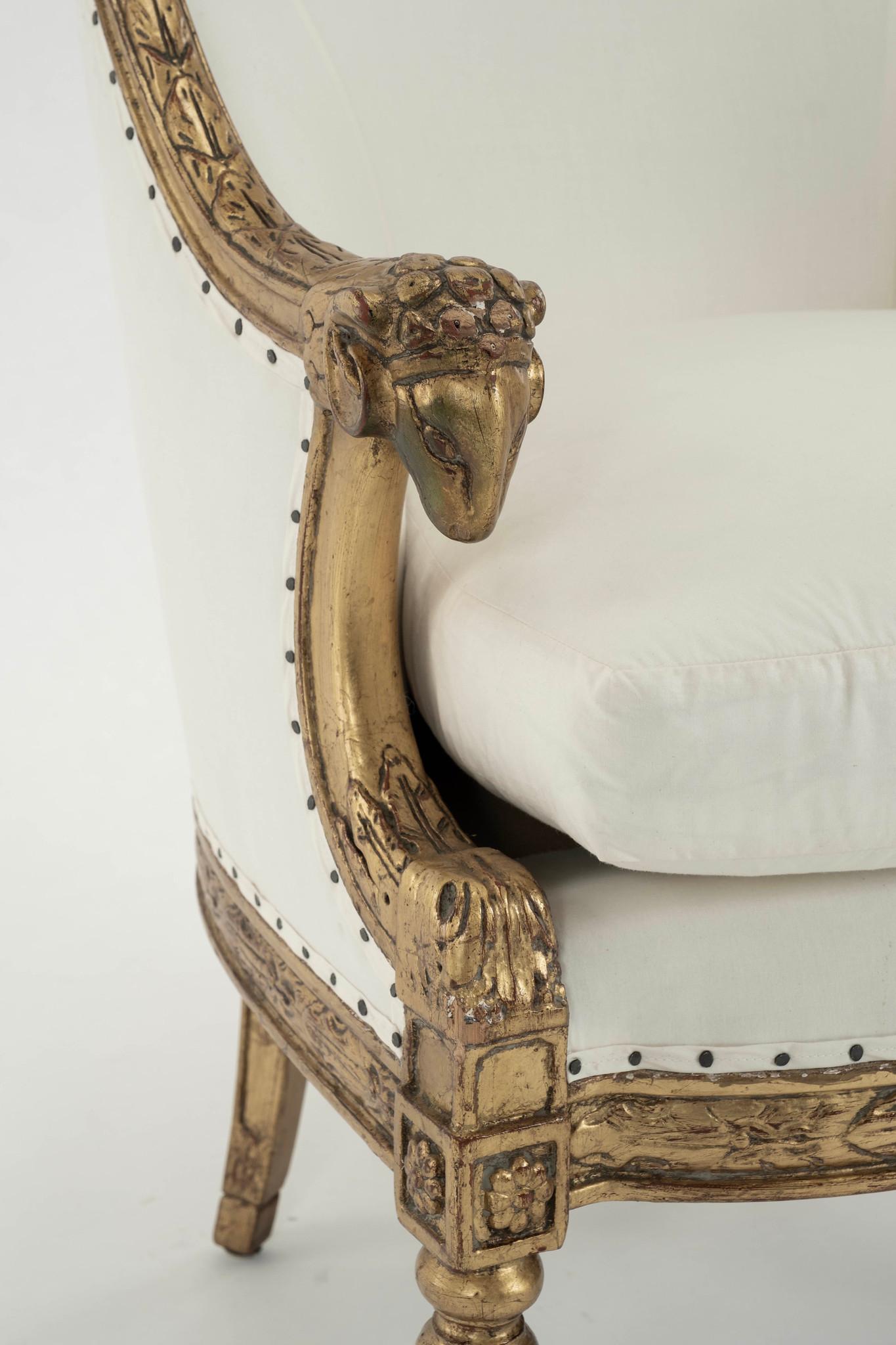 Pair 20th Century Empire Style Gold Gilt Ram Heads Bergère or Tub Chair 1