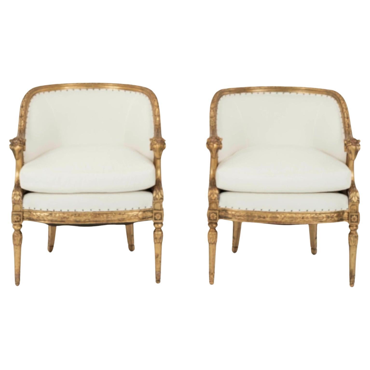 Pair 20th Century Empire Style Gold Gilt Ram Heads Bergère or Tub Chair For Sale