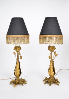 Pair 20th Century French Gilt Metal Poppy Head Bedside Lamps Hollywood Regency