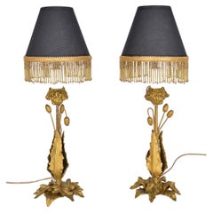 Antique Pair 20th Century French Gilt Metal Poppy Head Bedside Lamps Hollywood Regency