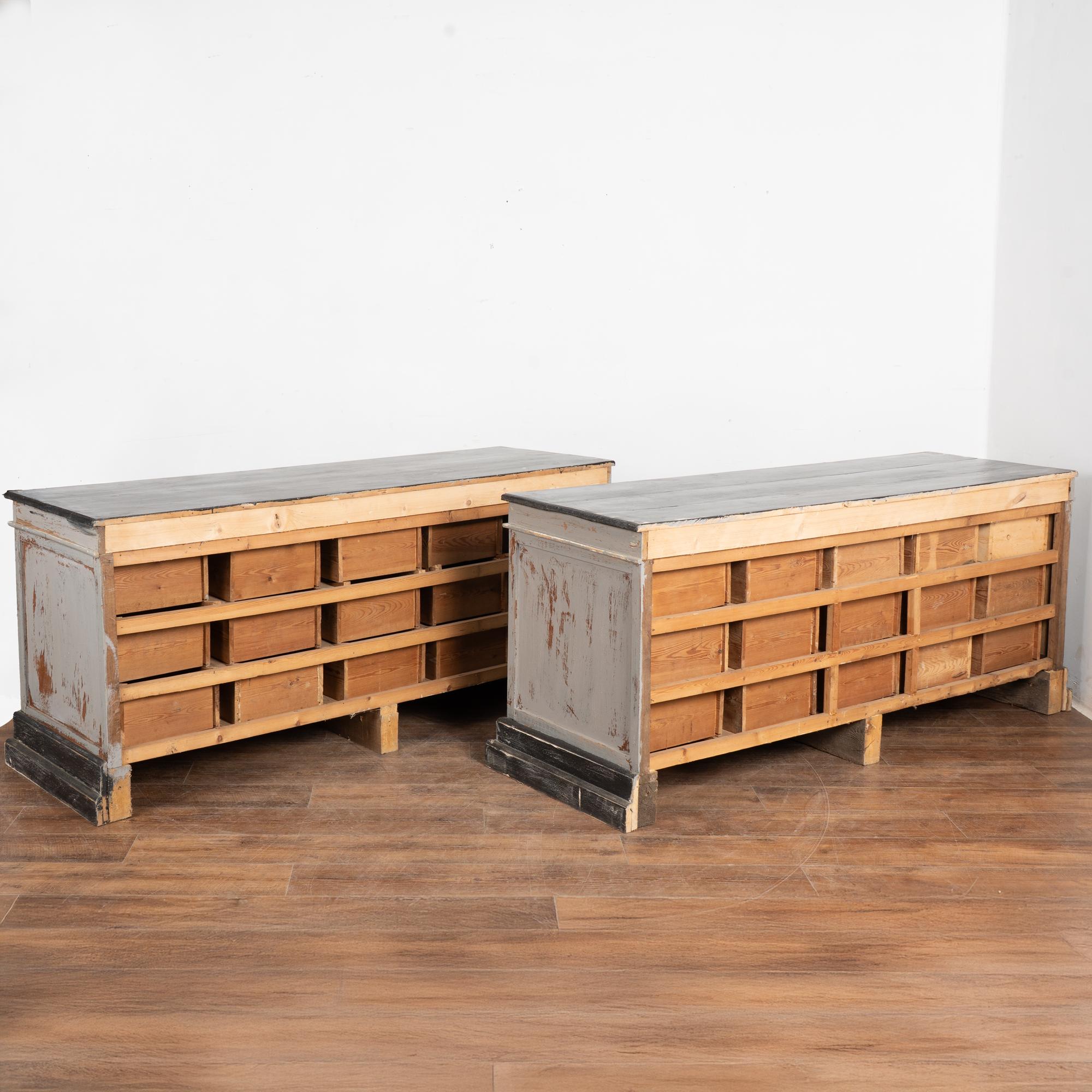 Pair, 20th Century French Gray Painted Apothecary Counters with 15 Drawers each For Sale 9