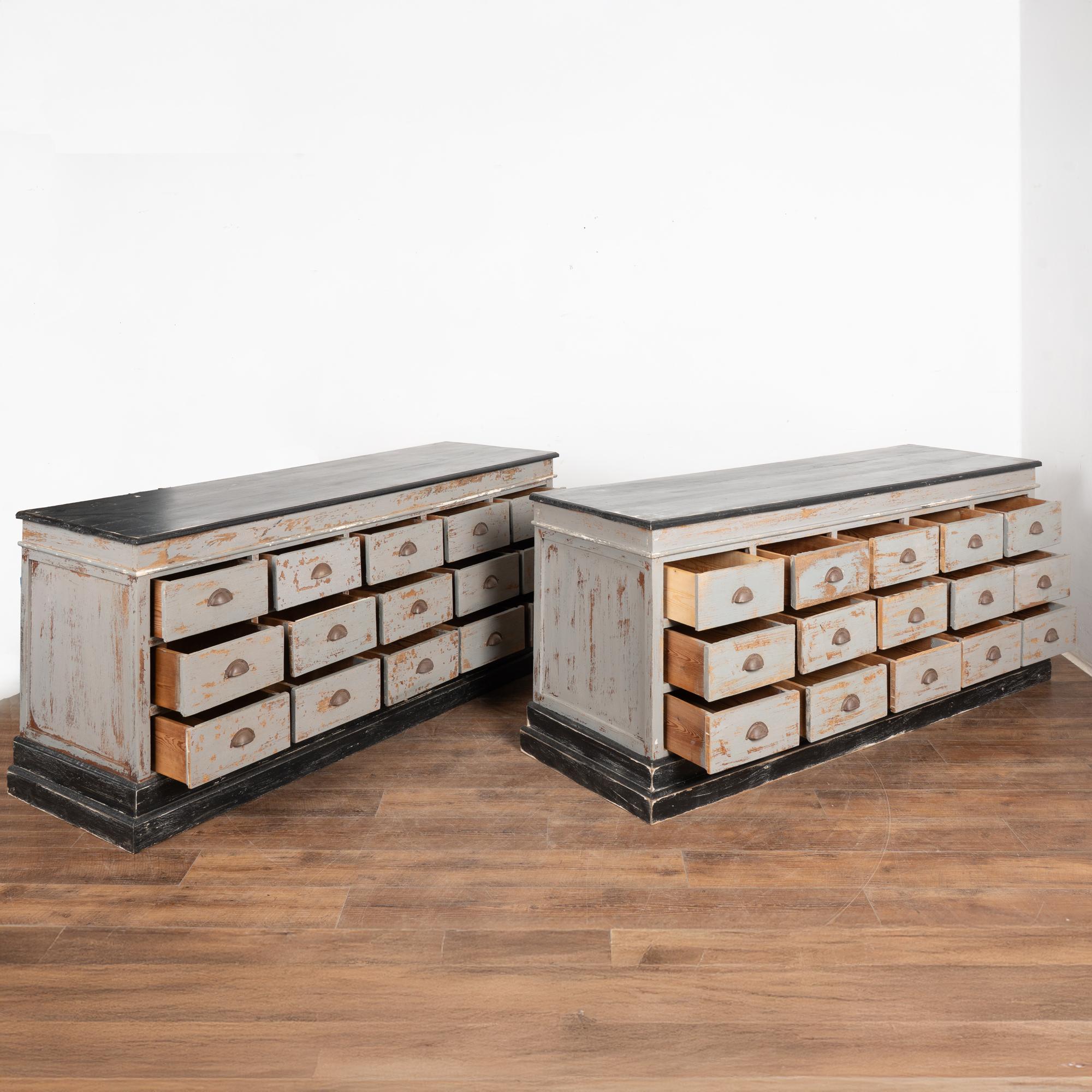 Country Pair, 20th Century French Gray Painted Apothecary Counters with 15 Drawers each For Sale