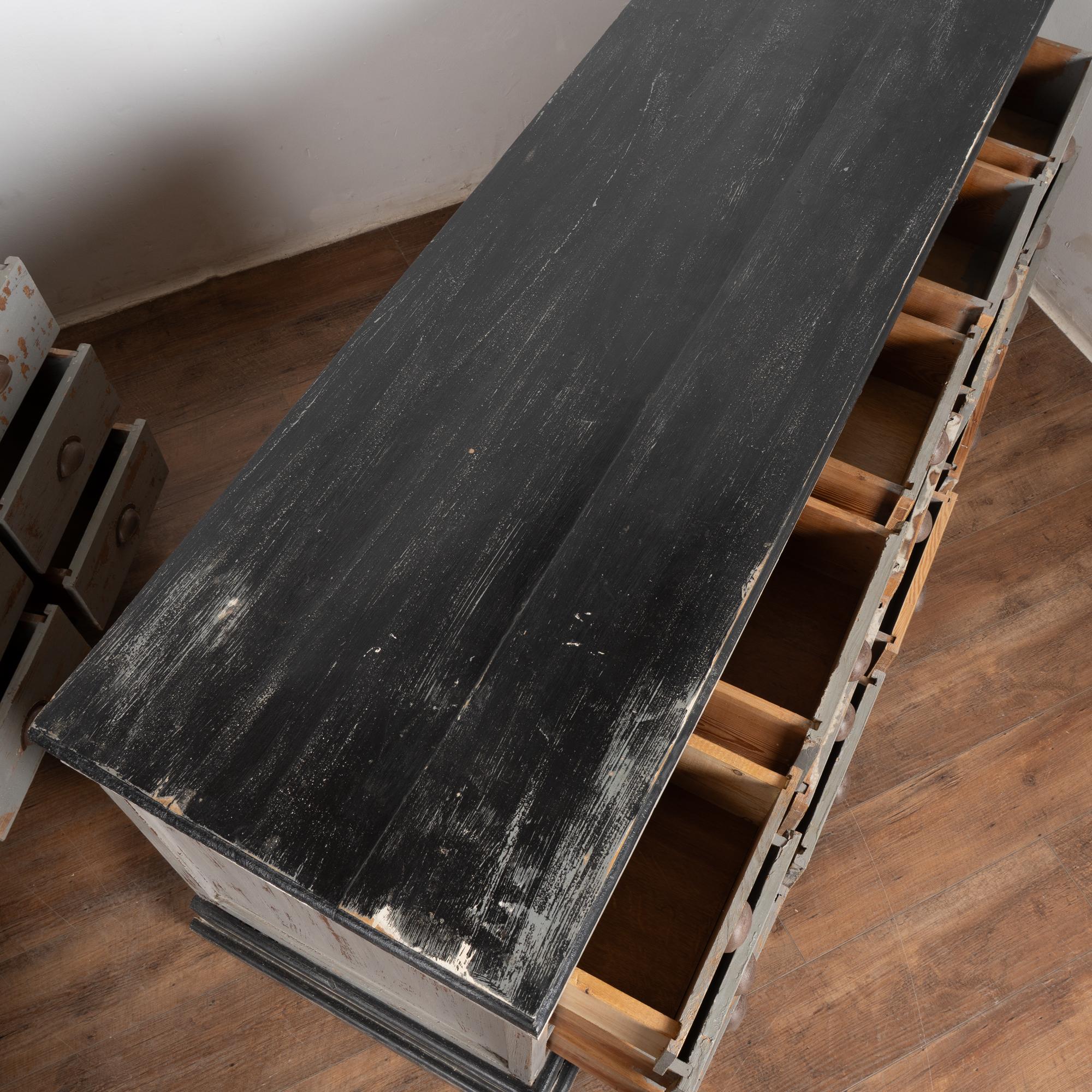 Pine Pair, 20th Century French Gray Painted Apothecary Counters with 15 Drawers each For Sale