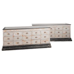 Pair, 20th Century French Gray Painted Apothecary Counters with 15 Drawers each