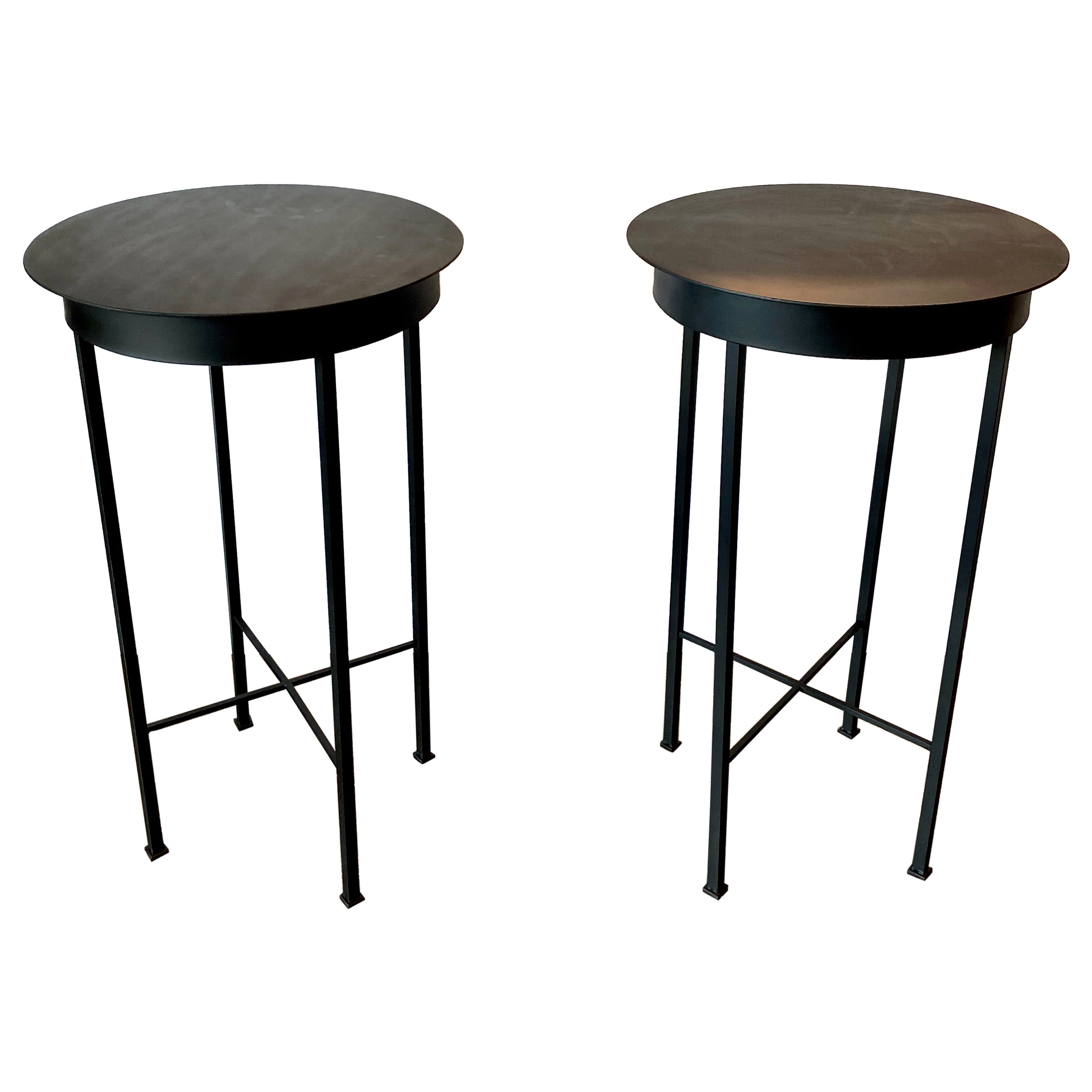 Pair French Mid-Century-Style Iron and Steel Gueridons or Drinks Tables -26"h