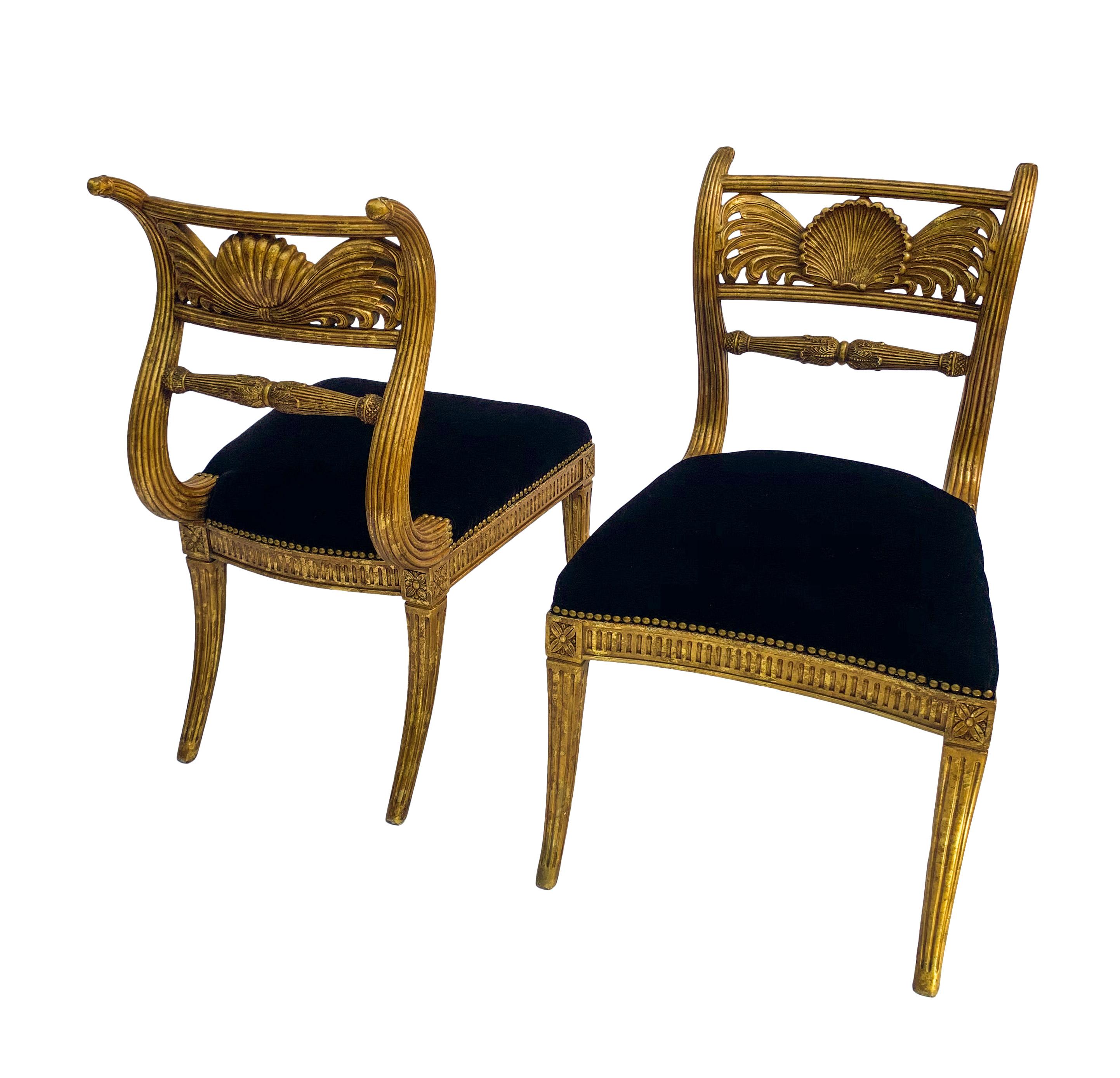 Velvet Pair of 20th Century Gilded Regency Style Side Chairs by Maitland Smith