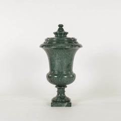 Pair 20th Century Green Verde Marble Lidded Urns