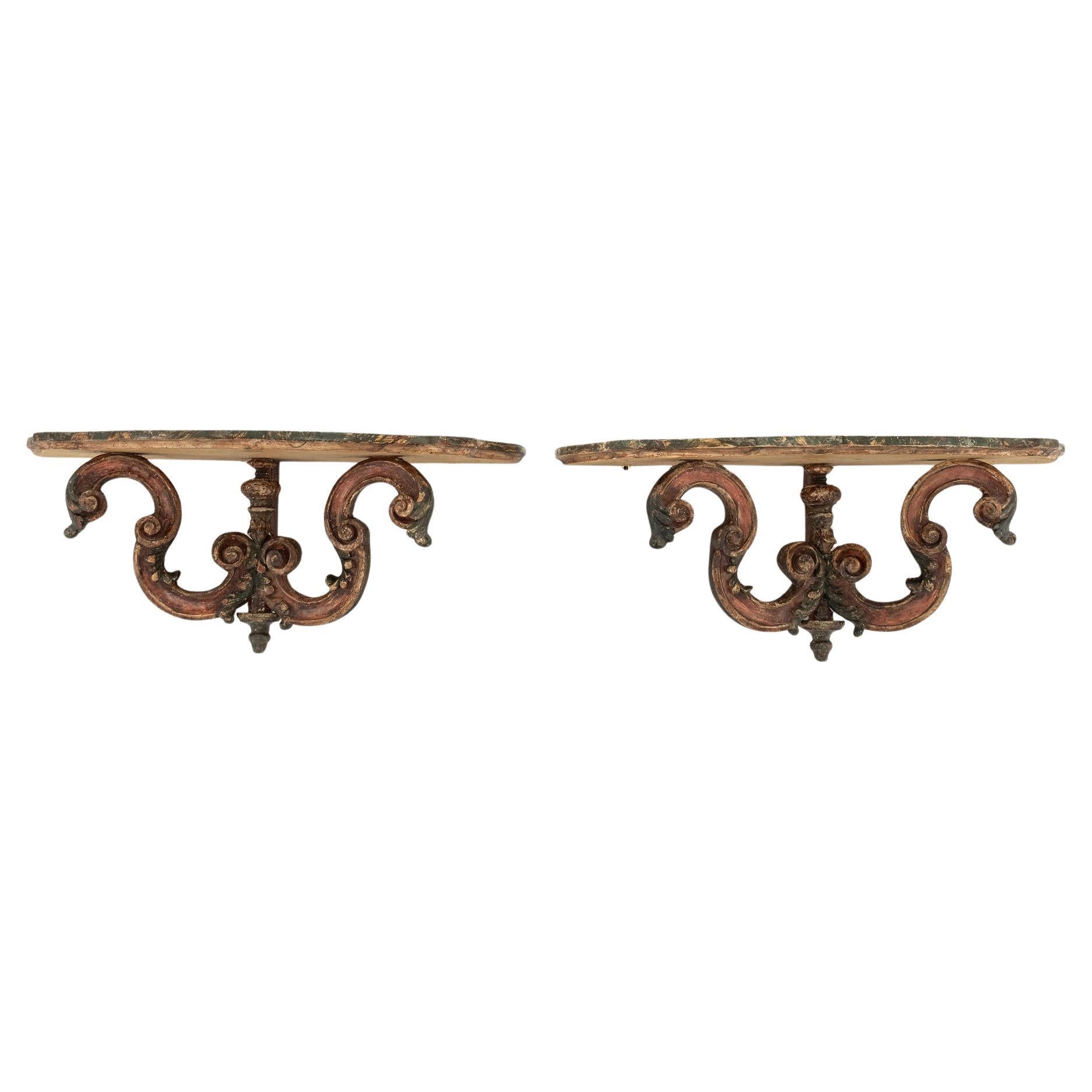 Pair 20th Century Italian Carved Polychrome Wall Shelves