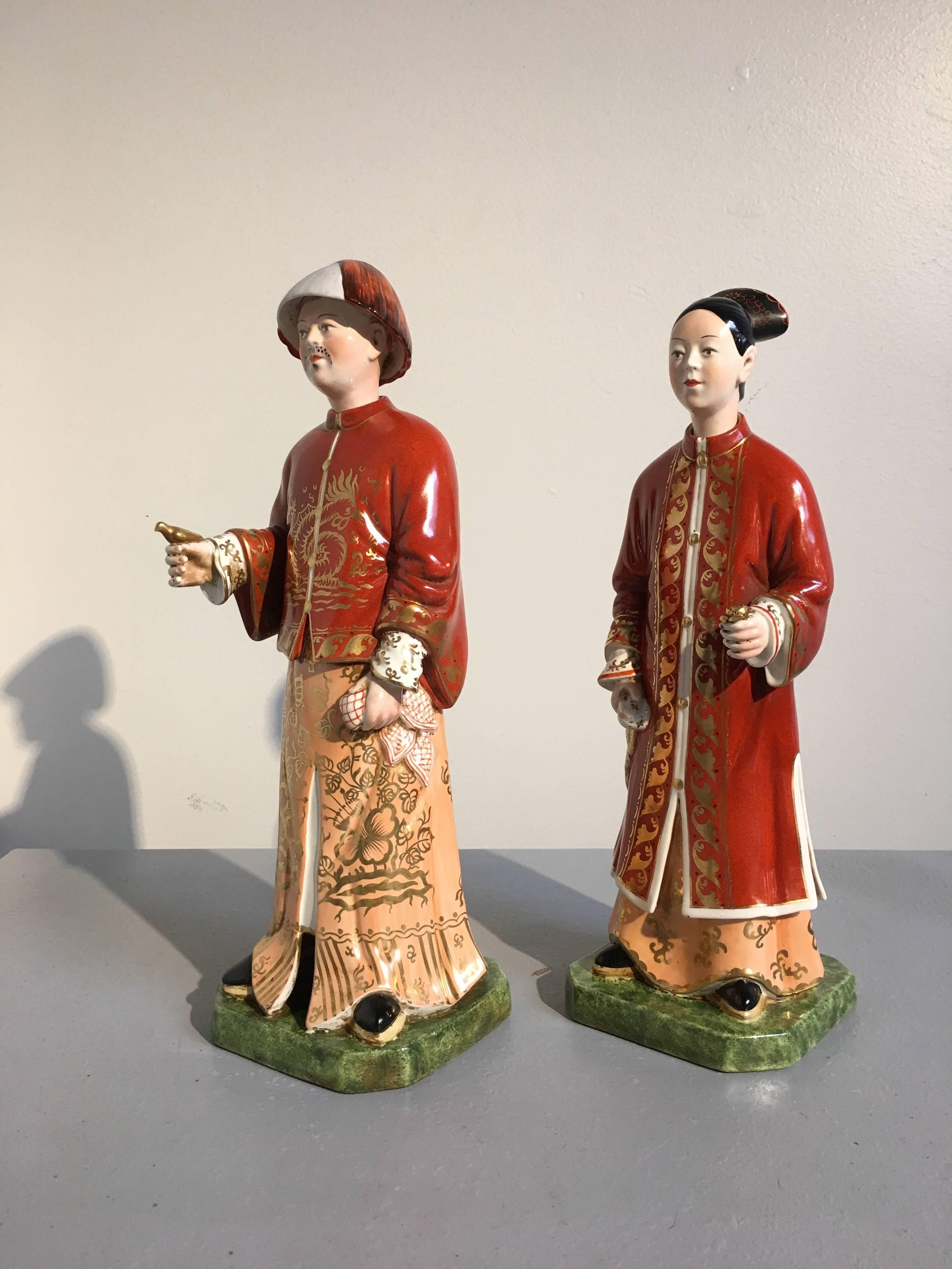 Pair Italian Chinoiserie Porcelain Nodding Head Figures, Mid 20th Century, Italy In Good Condition For Sale In Austin, TX