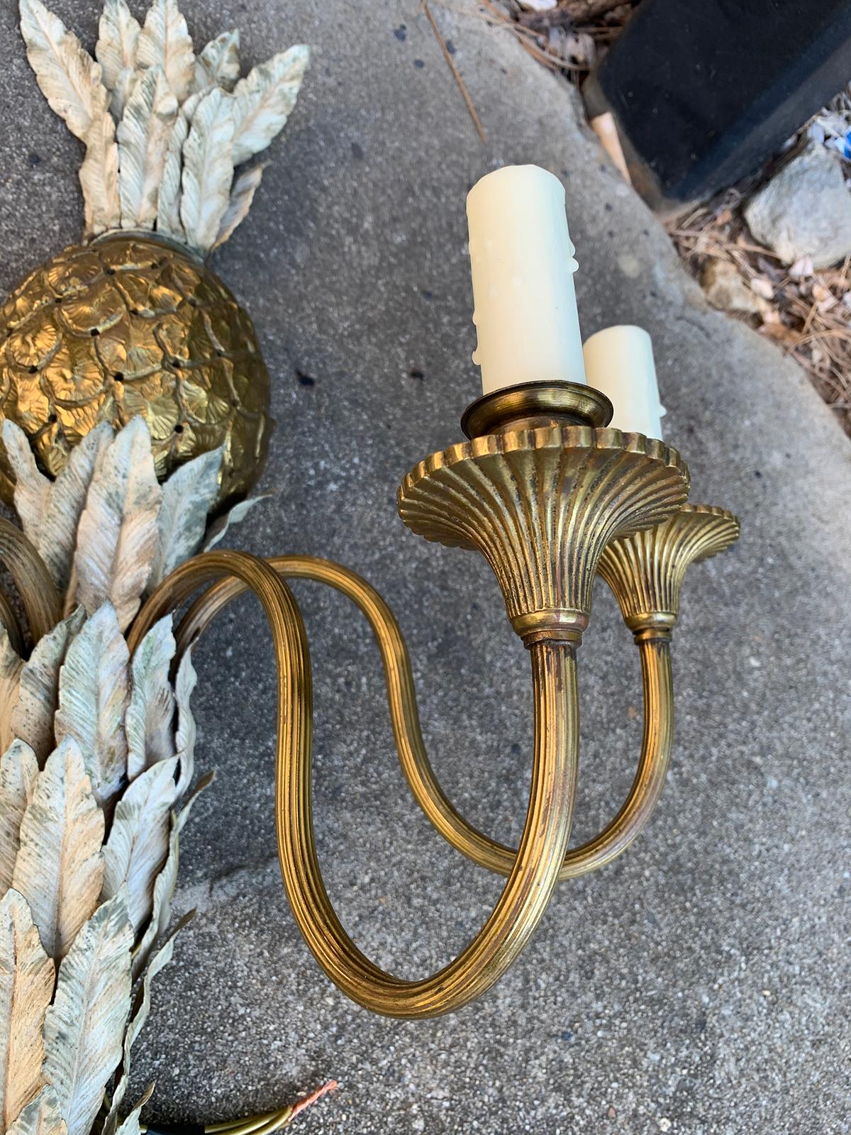 Pair of 20th Century Gilt Bronze and Painted Tole Four-Arm Pineapple Sconces For Sale 9