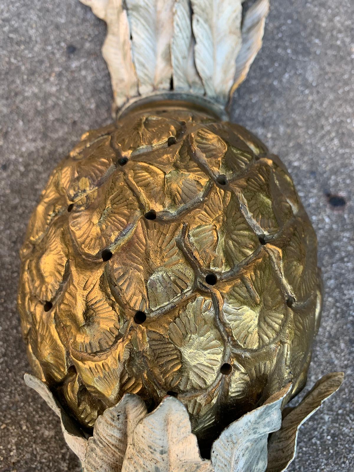 Pair of 20th Century Gilt Bronze and Painted Tole Four-Arm Pineapple Sconces For Sale 2