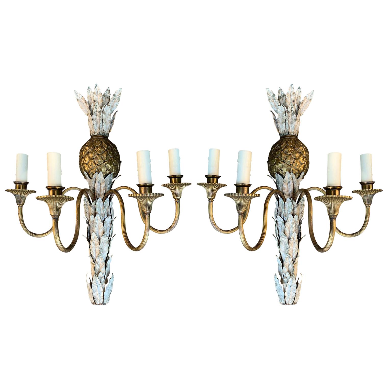 Pair of 20th Century Gilt Bronze and Painted Tole Four-Arm Pineapple Sconces For Sale