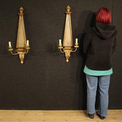 Pair 20th Century Lacquered Gold Wood Glass Italian Louis XVI Style Wall Lights