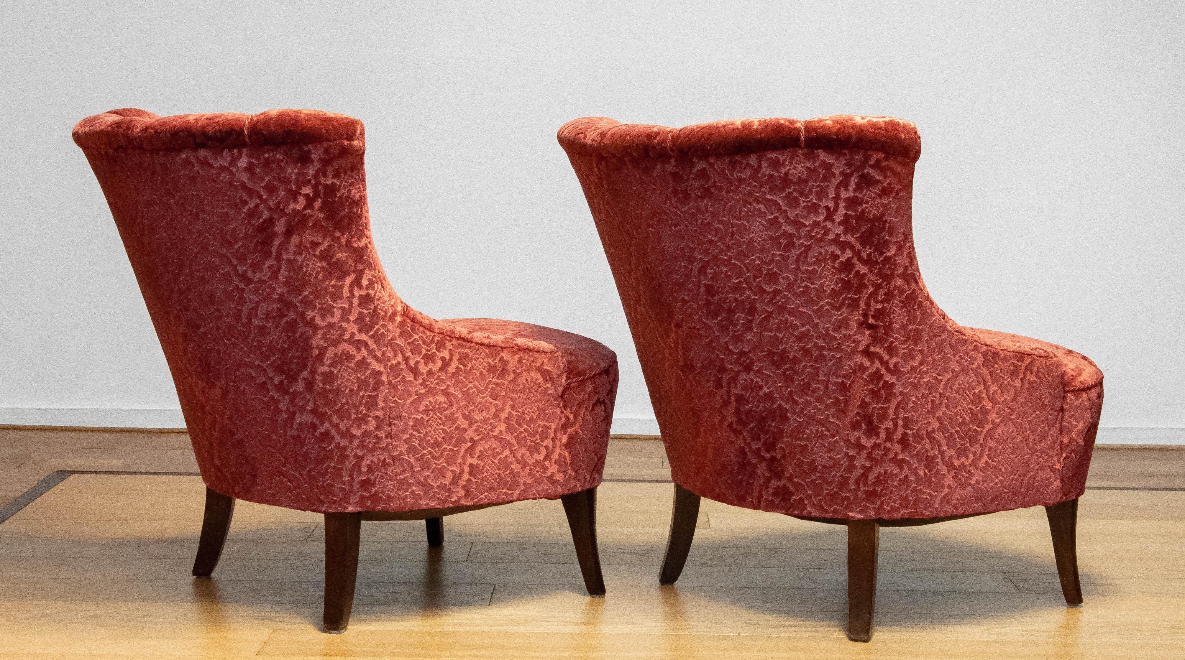 Pair 20th Century Napoleon III Slipper Chair Brique Ton Sur Ton Jacquard Velvet For Sale 6