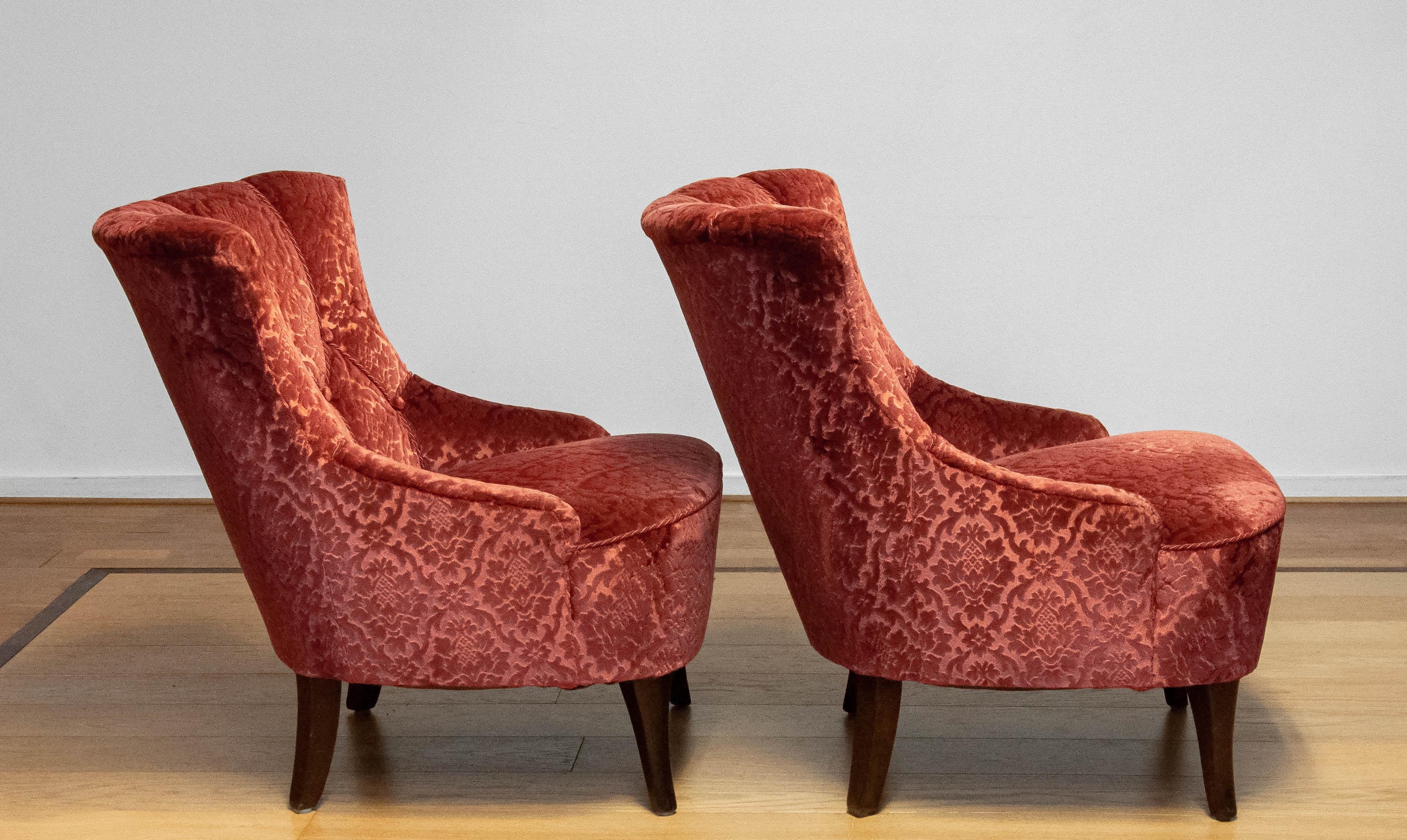 Pair 20th Century Napoleon III Slipper Chair Brique Ton Sur Ton Jacquard Velvet For Sale 7