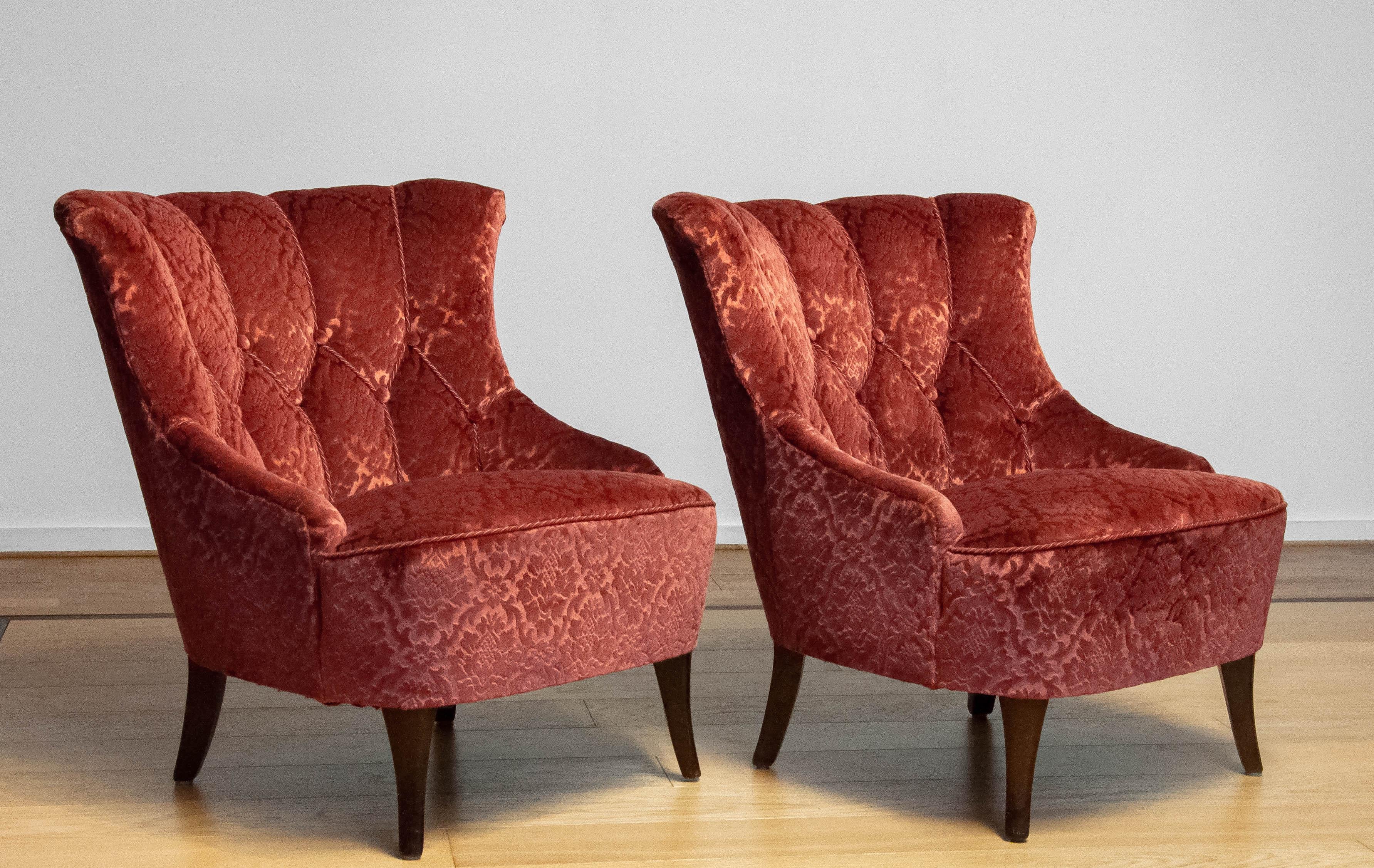 Beautiful ( Scandinavian ) Napoleon lll chairs.
The chairs are both reupholstered with the brique ton sur ton jacquard velvet in the 1970s. Webbing and springs are all in good condition.
Overall the chairs sits and supports good, fabric is very