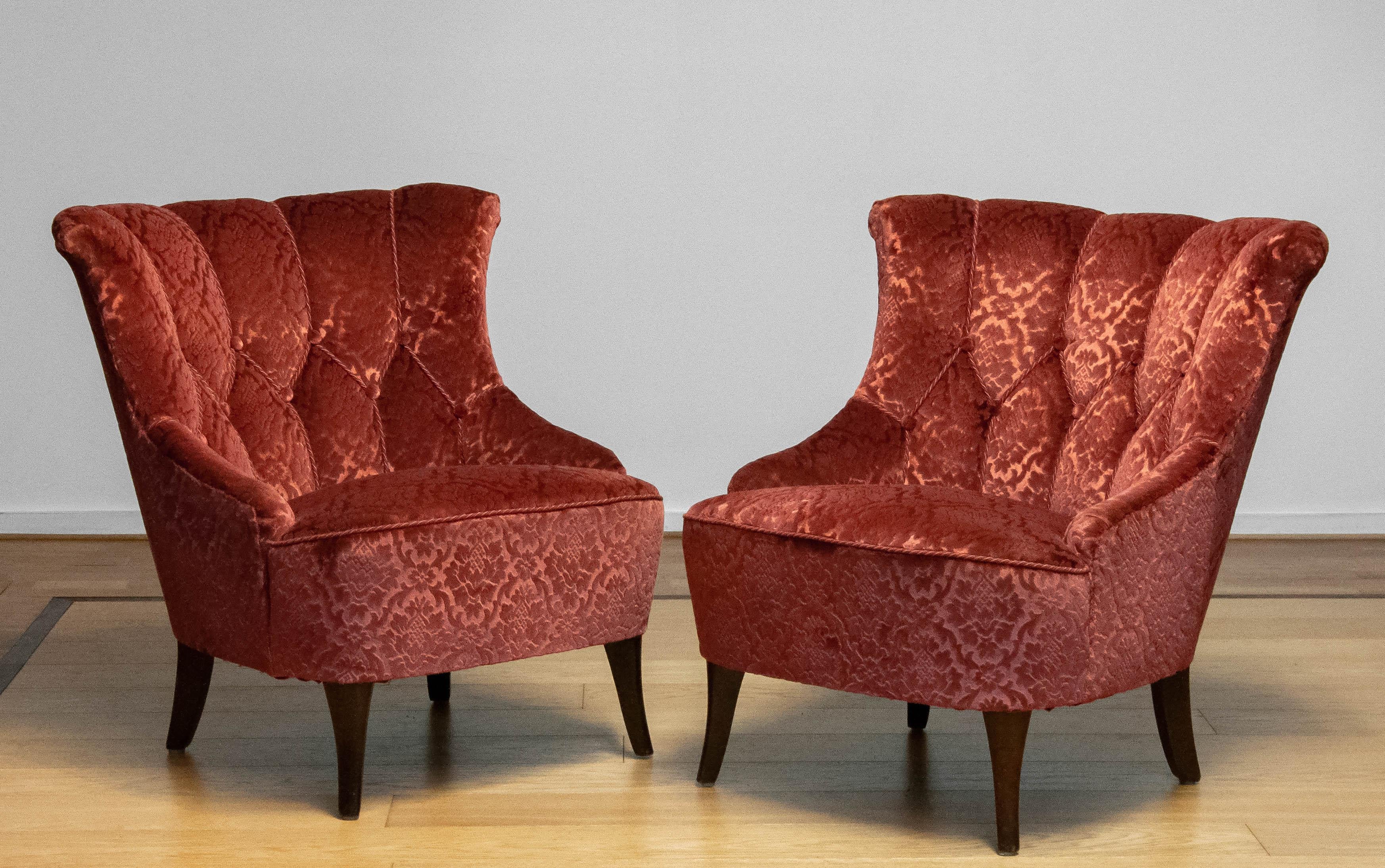 Pair 20th Century Napoleon III Slipper Chair Brique Ton Sur Ton Jacquard Velvet For Sale 1