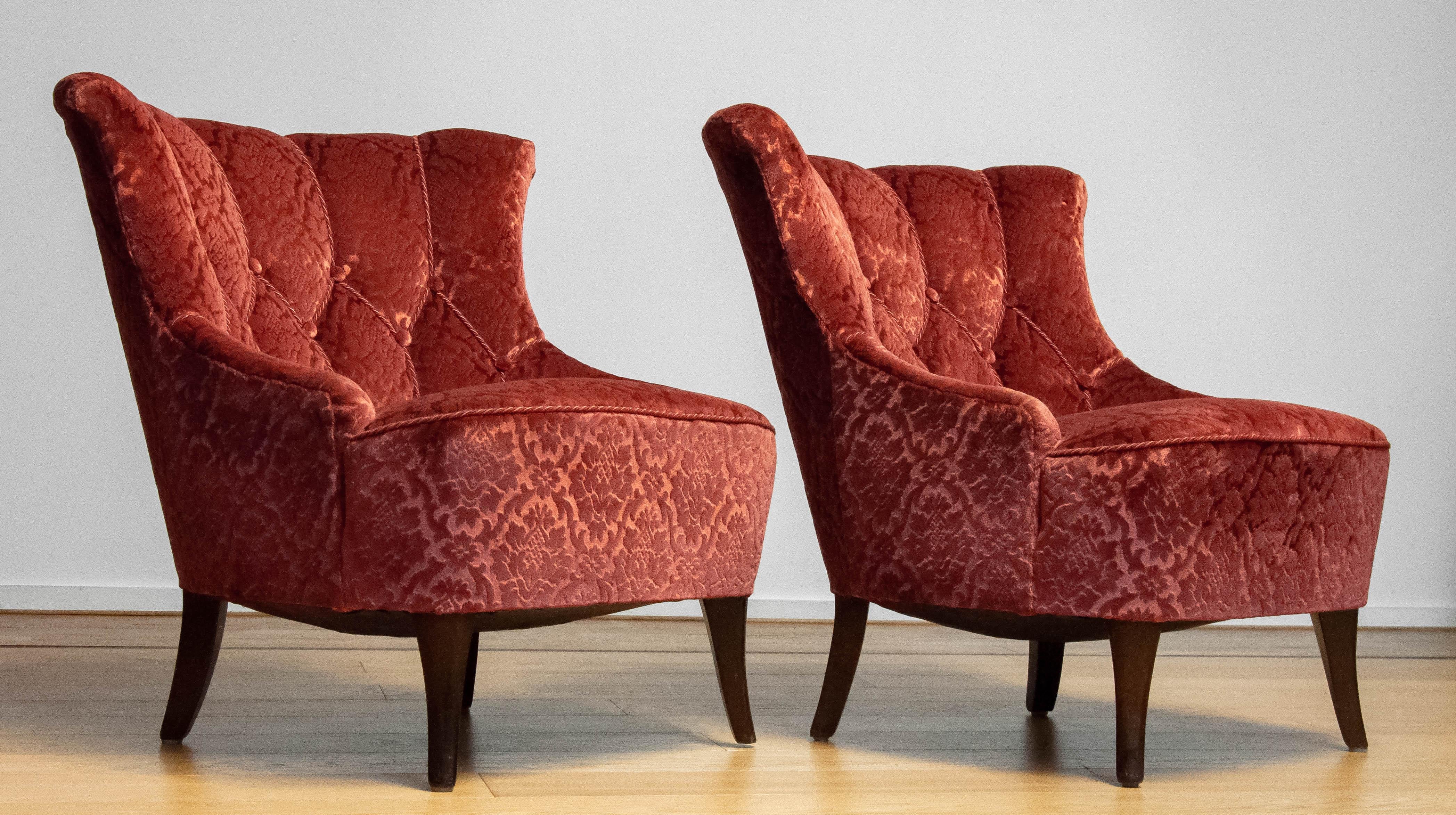 Paire de fauteuils Napoléon III du 20ème siècle Brique Ton Sur Ton Jacquard Velours en vente 1