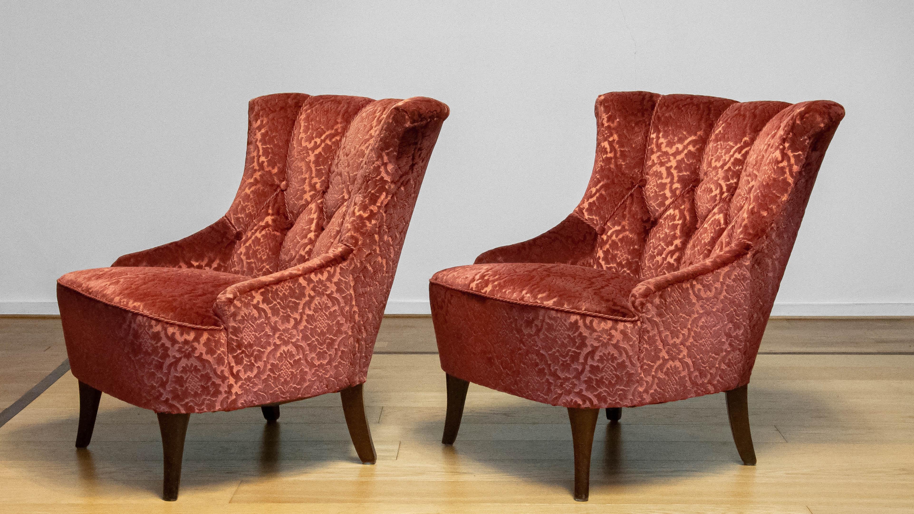 Pair 20th Century Napoleon III Slipper Chair Brique Ton Sur Ton Jacquard Velvet For Sale 3