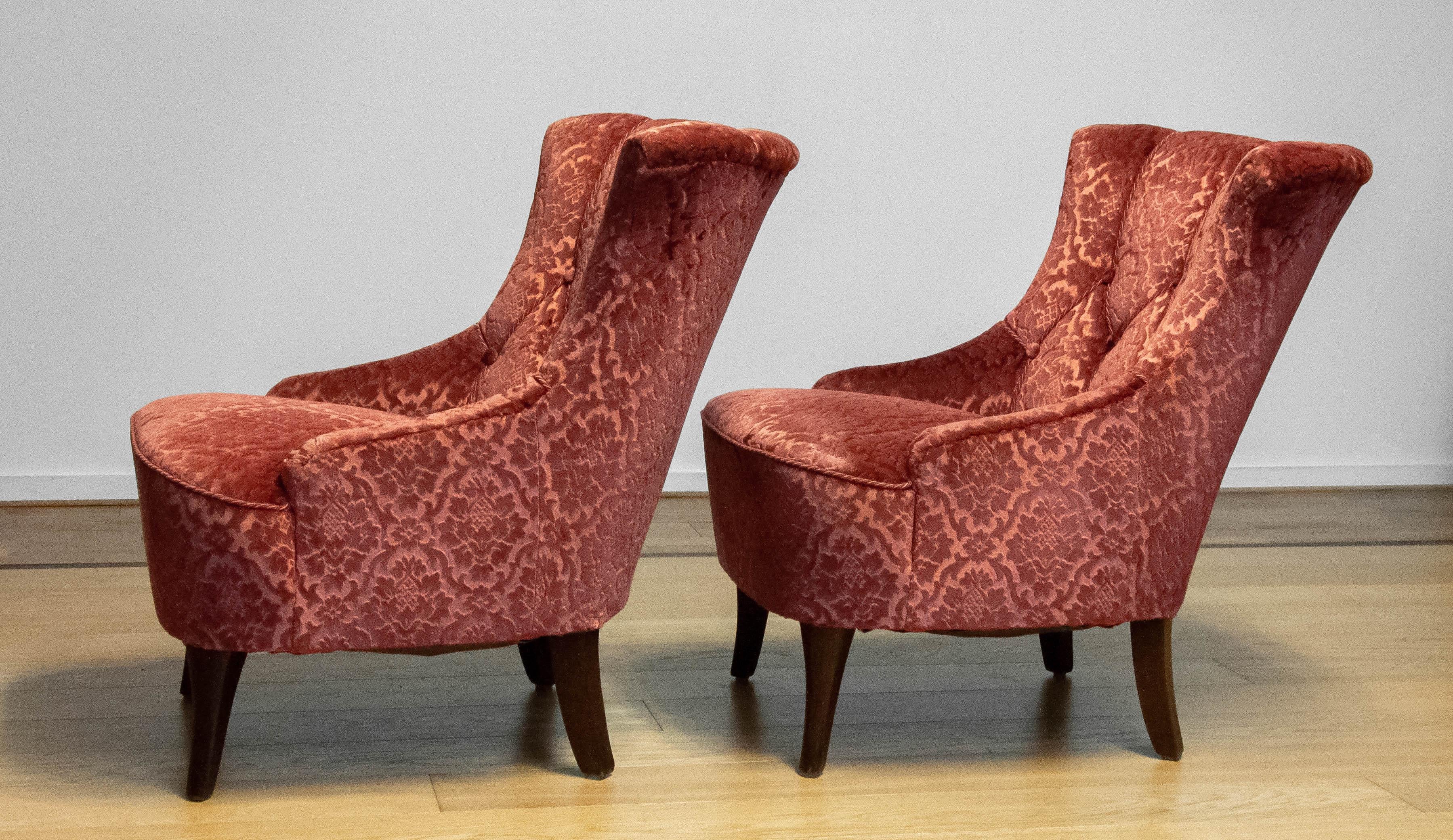Pair 20th Century Napoleon III Slipper Chair Brique Ton Sur Ton Jacquard Velvet For Sale 4