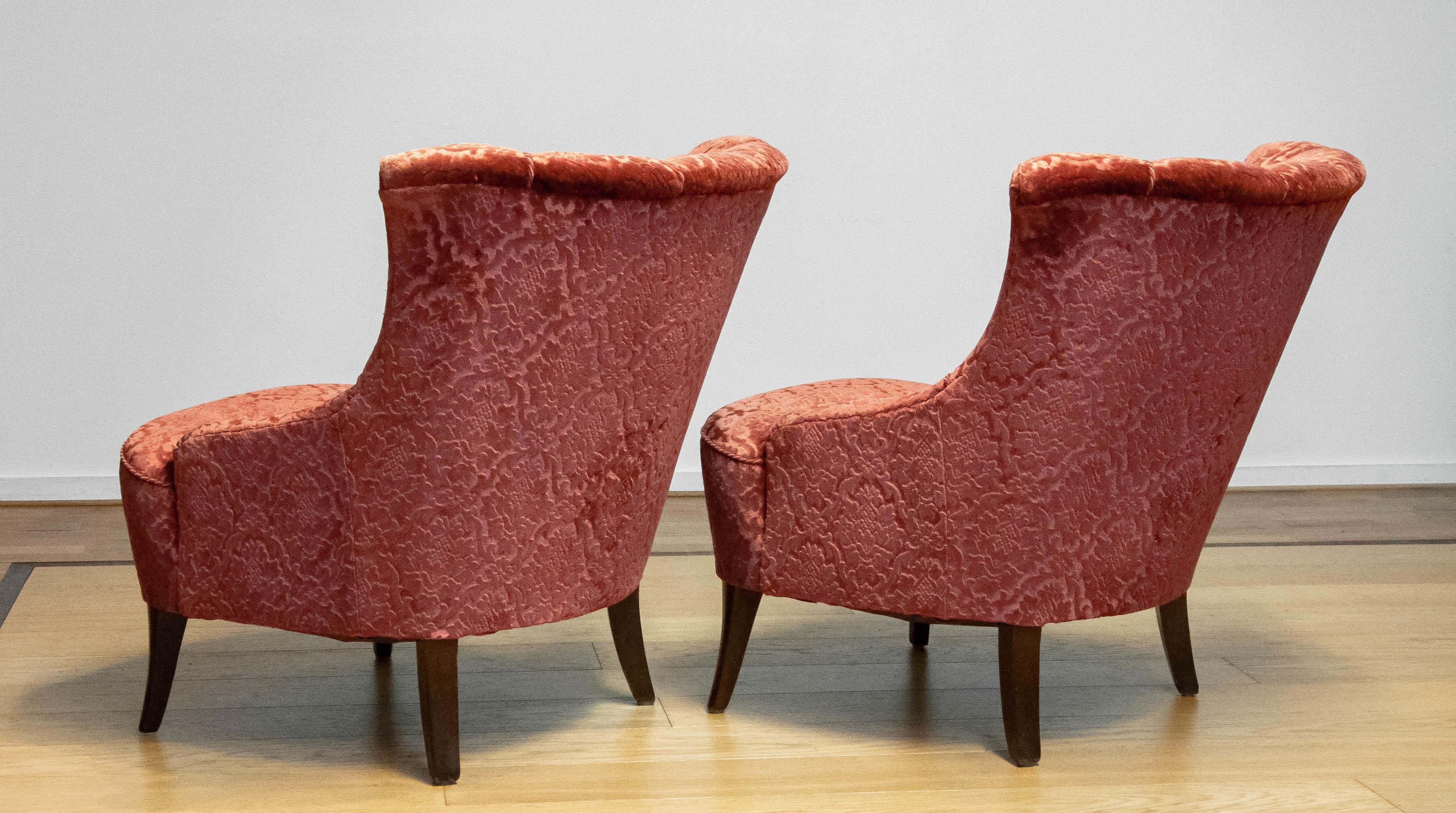 Pair 20th Century Napoleon III Slipper Chair Brique Ton Sur Ton Jacquard Velvet For Sale 5