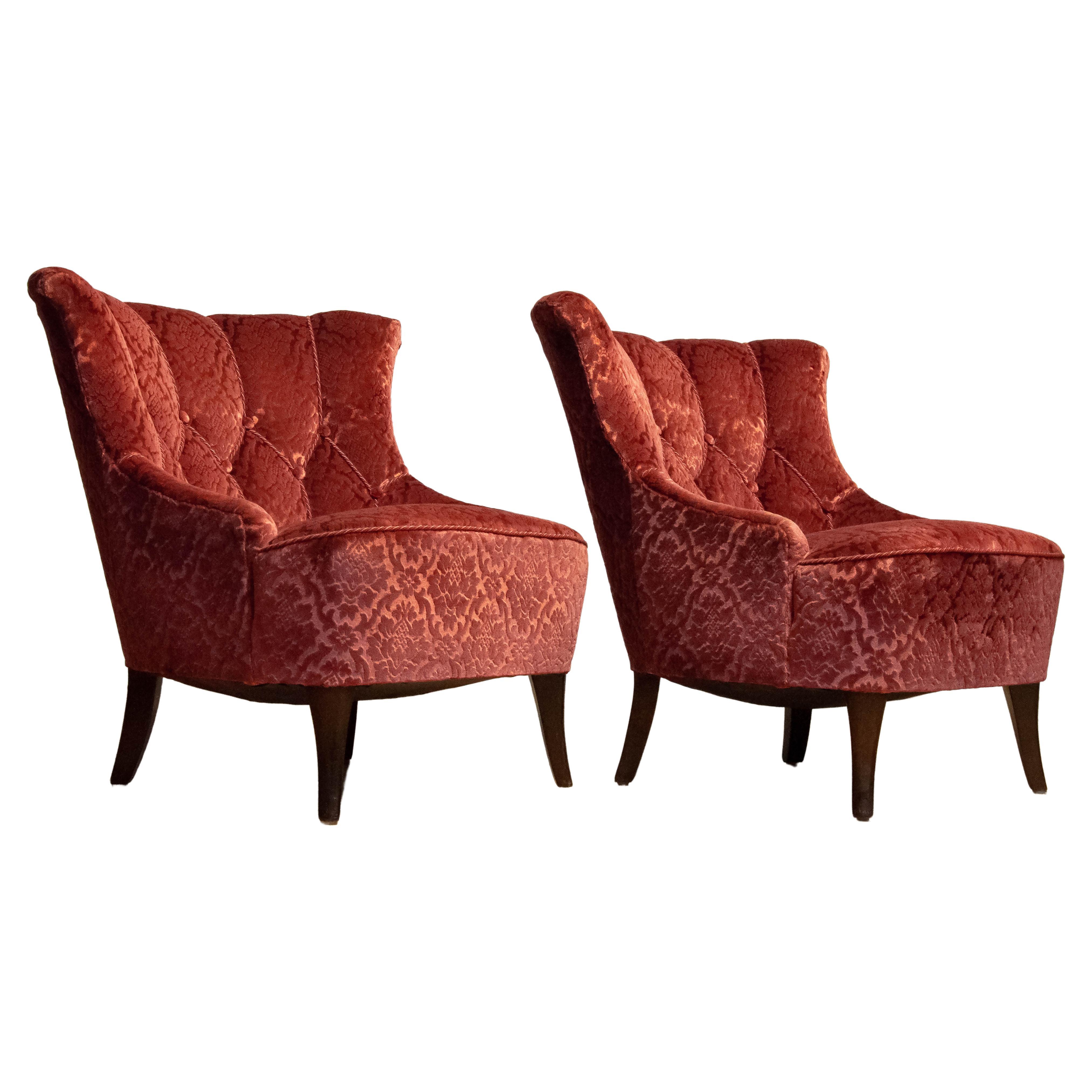 Pair 20th Century Napoleon III Slipper Chair Brique Ton Sur Ton Jacquard Velvet For Sale