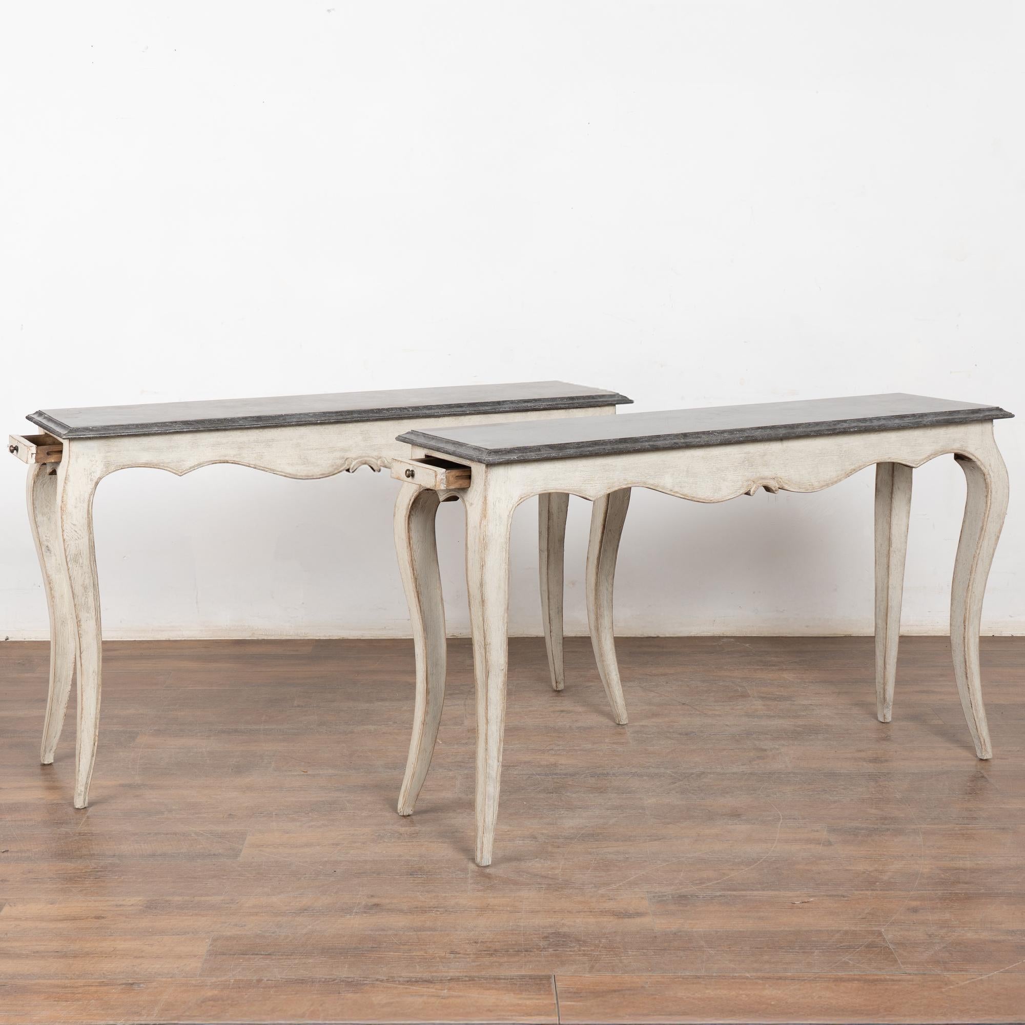 Pair, 20th Century Narrow White Swedish Marble-Top Console Tables For Sale 8