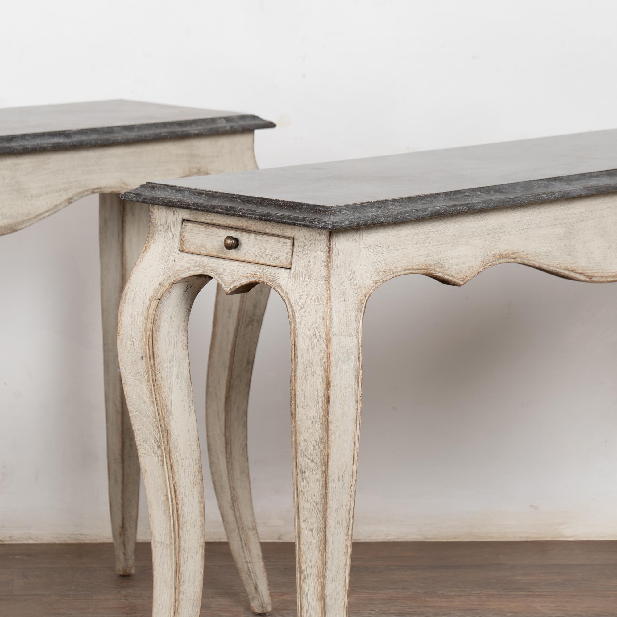 Gustavian Pair, 20th Century Narrow White Swedish Marble-Top Console Tables For Sale