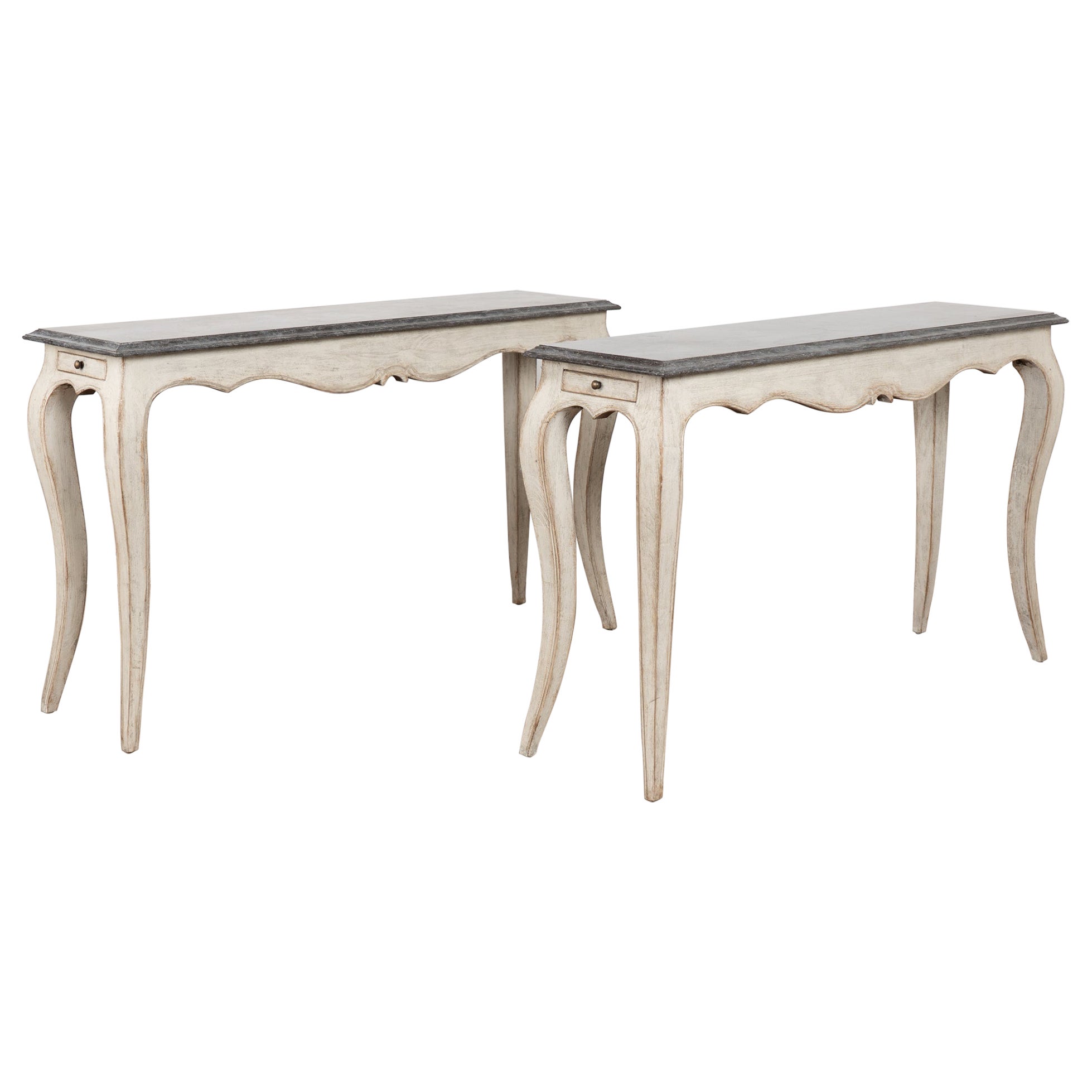 Pair, 20th Century Narrow White Swedish Marble-Top Console Tables For Sale