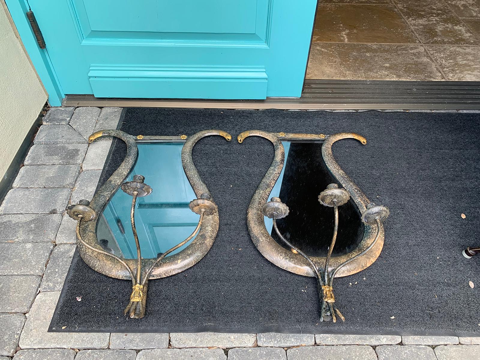 Pair 20th Century Neoclassical Gilt/Polychrome Tole Lyre Form Mirrored Sconces For Sale 14