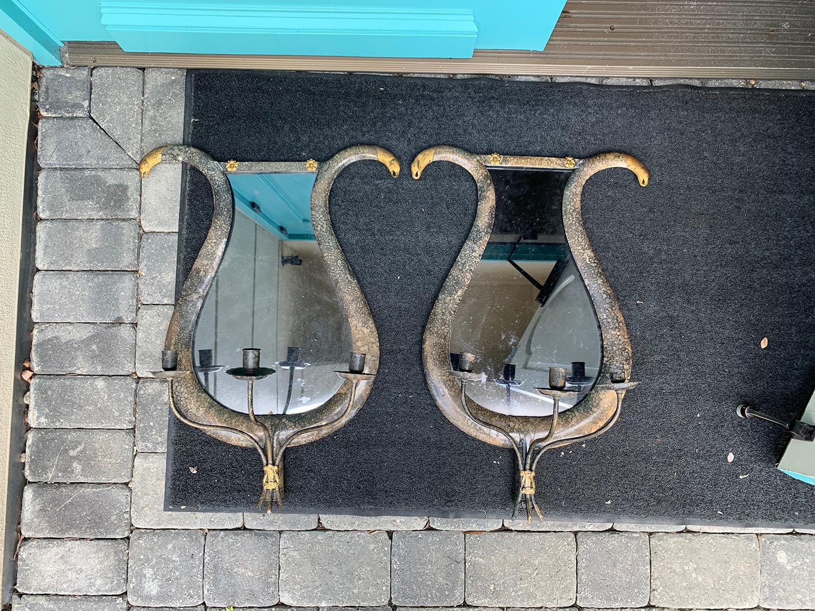 Pair of 20th Century Neoclassical Gilt/Polychrome Tole Lyre Form Mirrored Sconces Three-Arm Sconces with Snake Heads
*These are not wired/electrified
