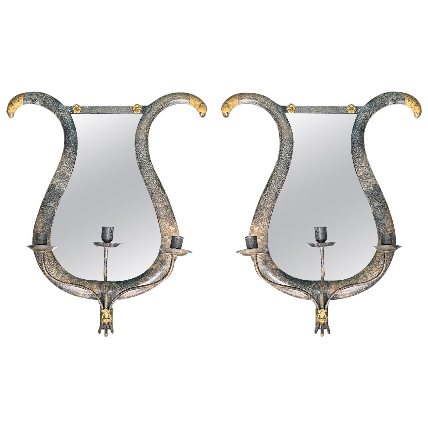 Pair 20th Century Neoclassical Gilt/Polychrome Tole Lyre Form Mirrored Sconces For Sale