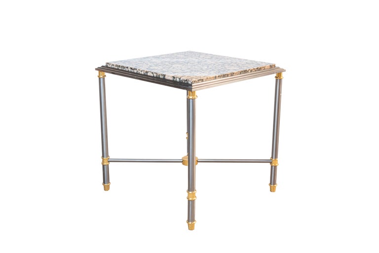 French Pair 20th Century Neoclassical Steel and Brass Square Maison Charles Sidetables For Sale