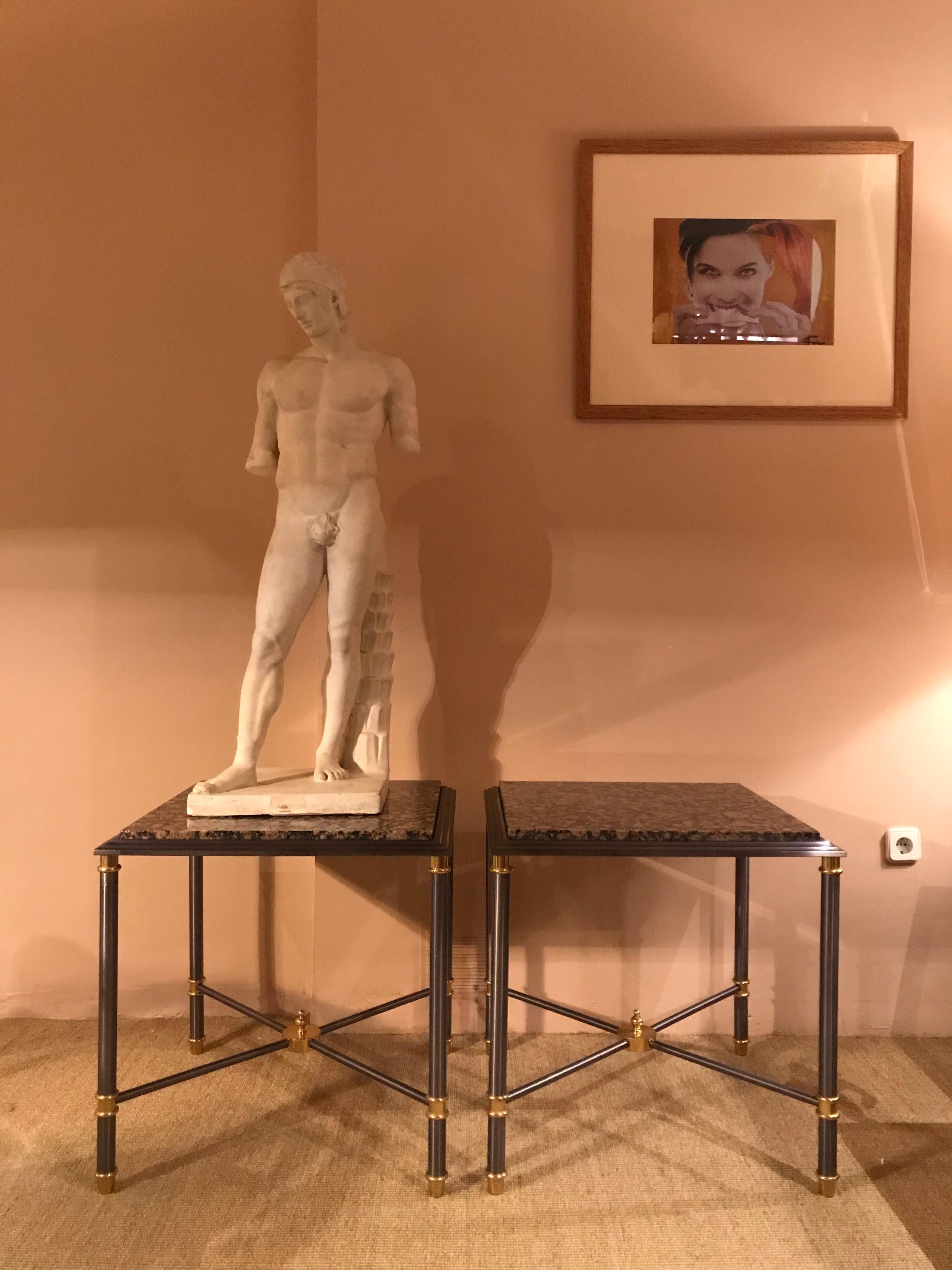 Pair 20th Century Neoclassical Steel and Brass Square Maison Charles Sidetables 1