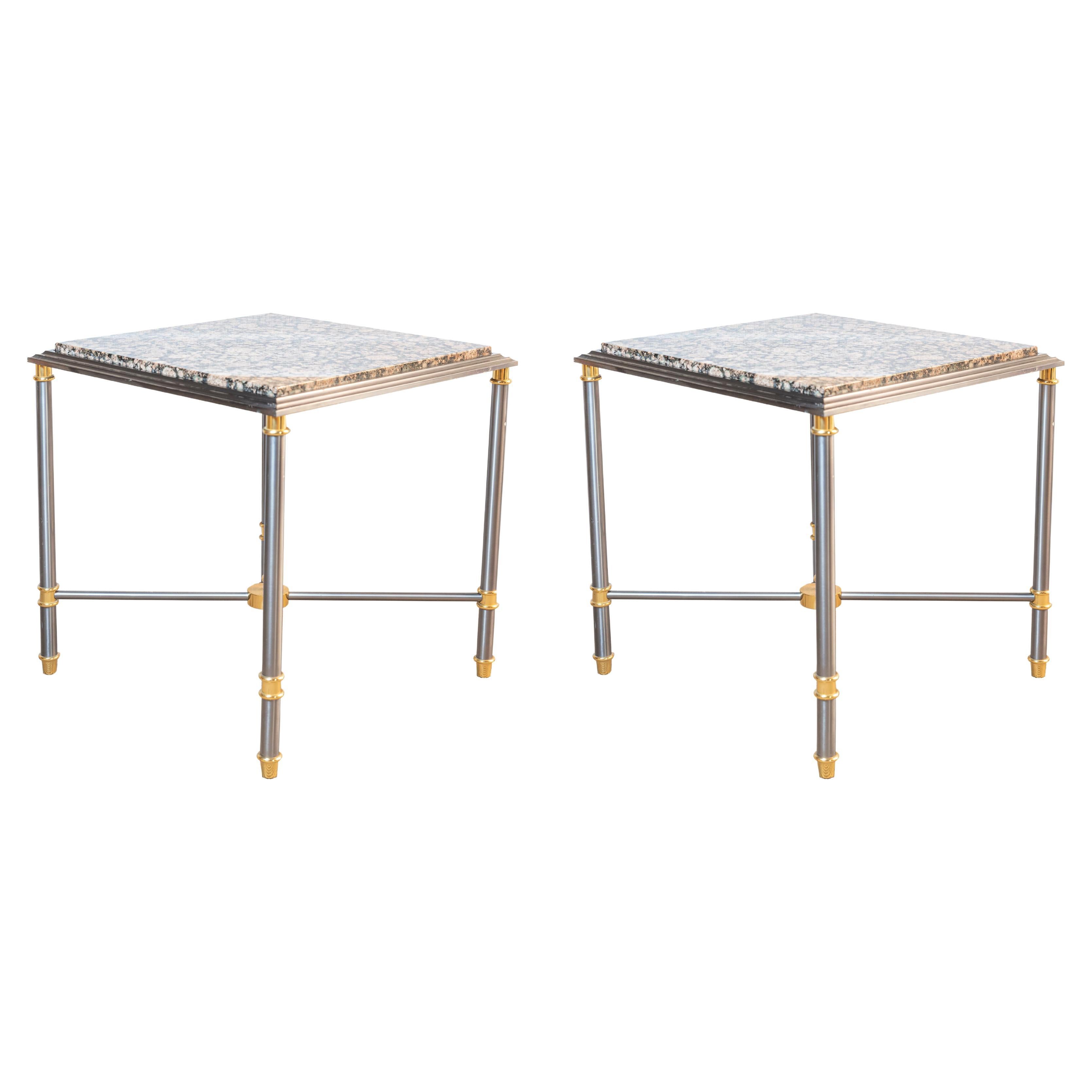 Pair 20th Century Neoclassical Steel and Brass Square Maison Charles Sidetables