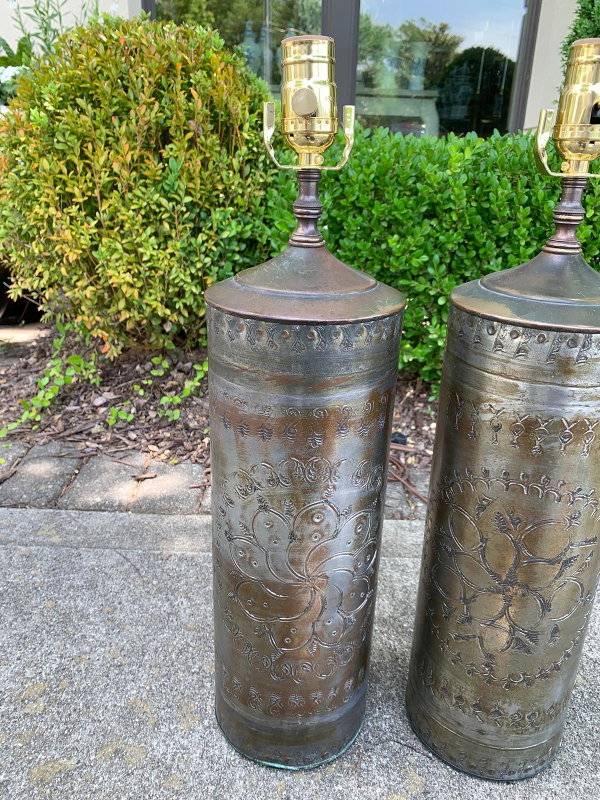 Pair of 20th Century Punched Tin Cylinder Lamps 7