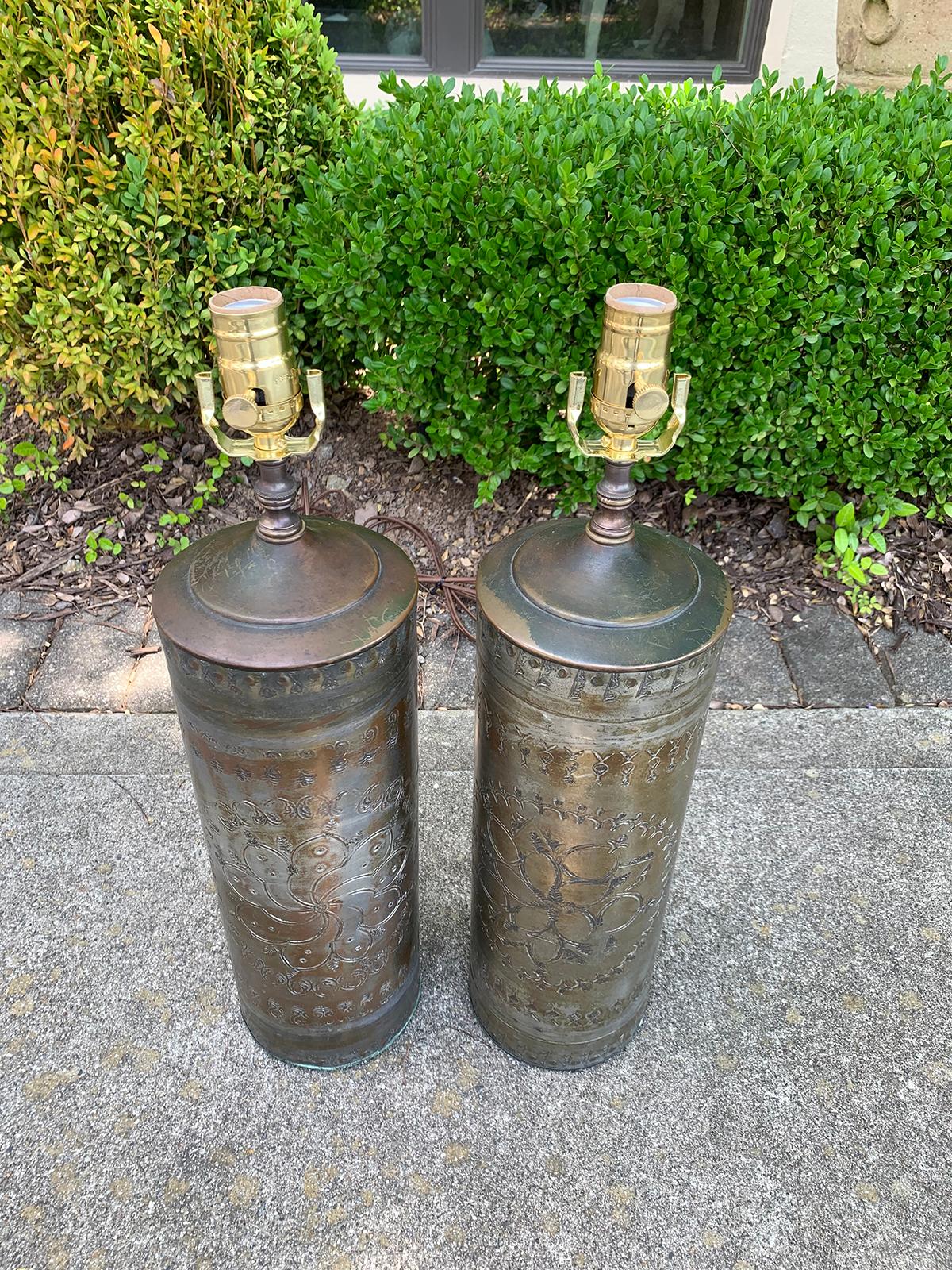 Pair of 20th Century Punched Tin Cylinder Lamps 8