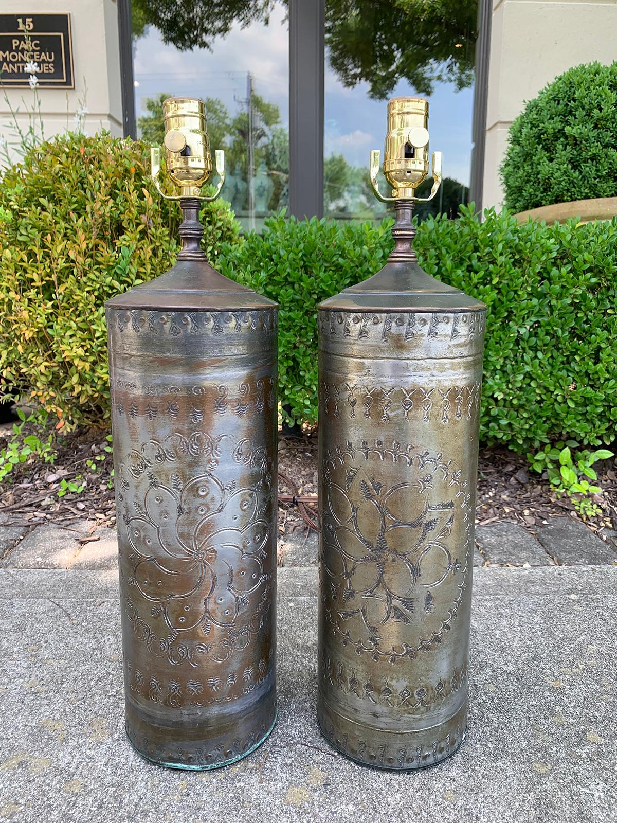 Pair of 20th century punched tin cylinder lamps
Brand new wiring.