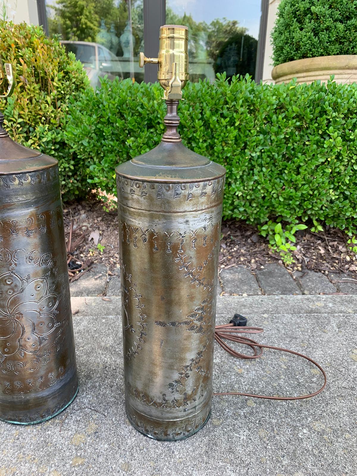 Pair of 20th Century Punched Tin Cylinder Lamps 2