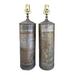 Vintage Pair of 20th Century Punched Tin Cylinder Lamps