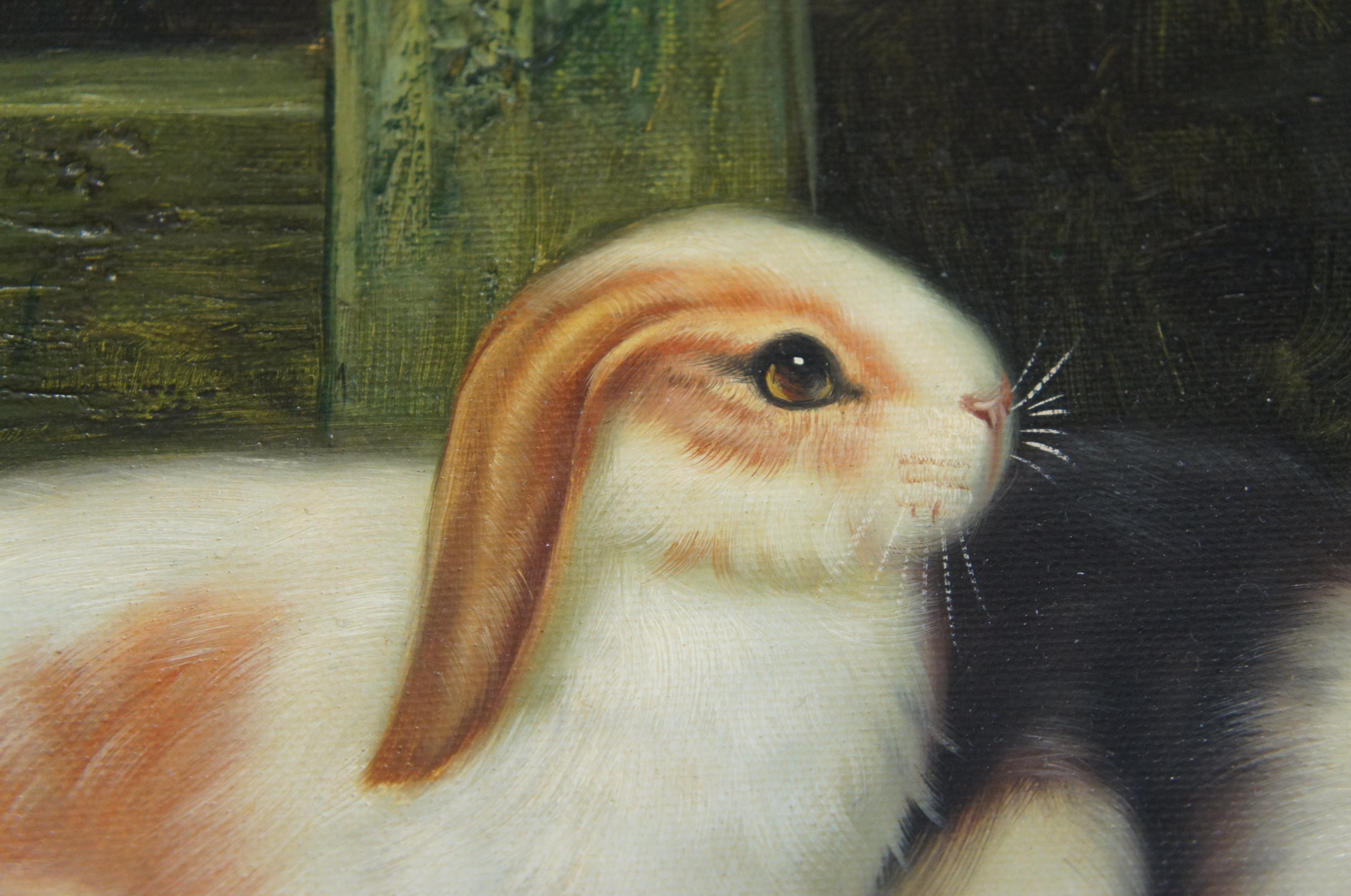 Pair 20th Century Realist Bunny Portraits Oil Painting Farmhouse Rabbits Framed 8