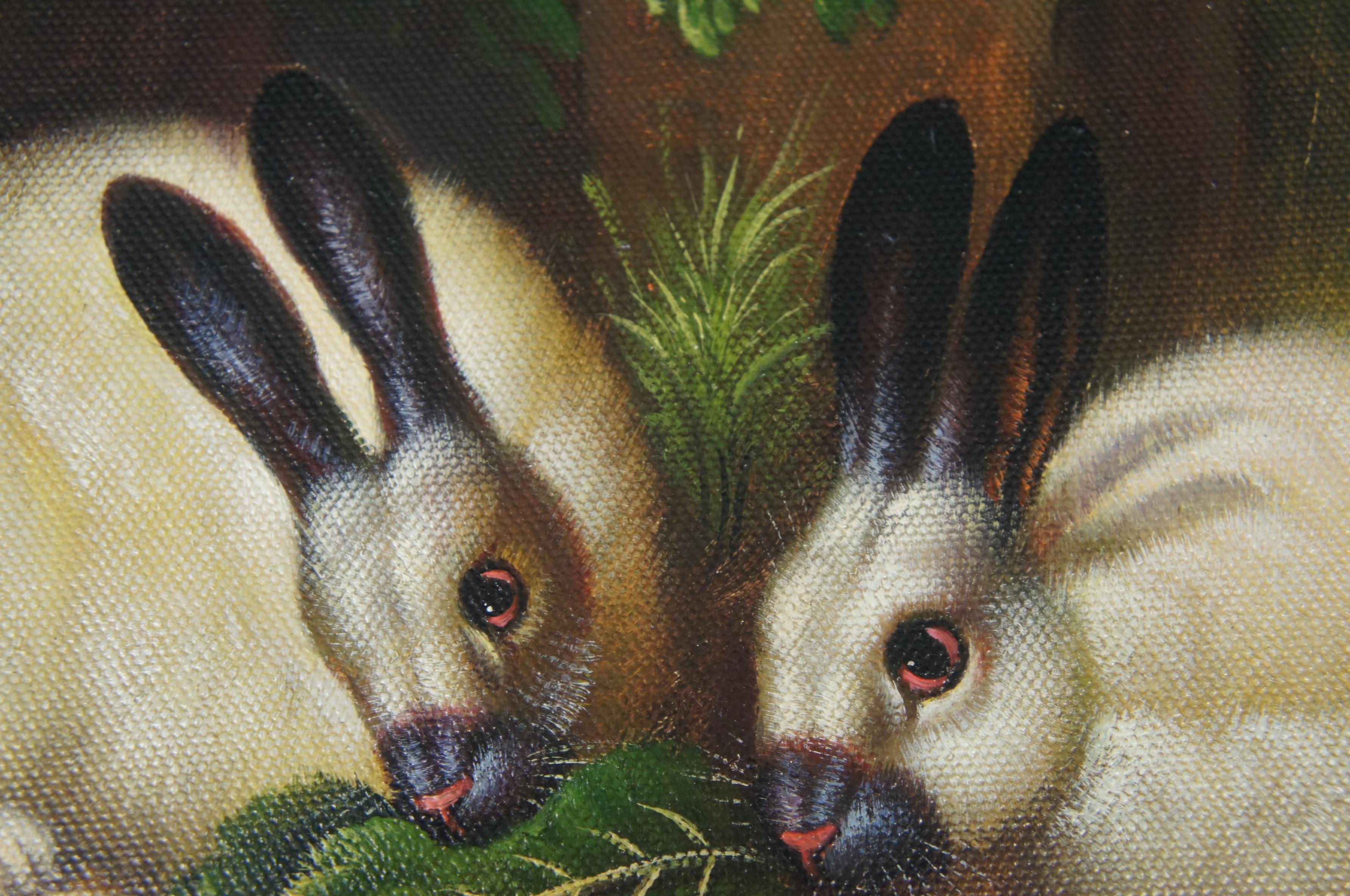 Pair 20th Century Realist Bunny Portraits Oil Painting Farmhouse Rabbits Framed 9