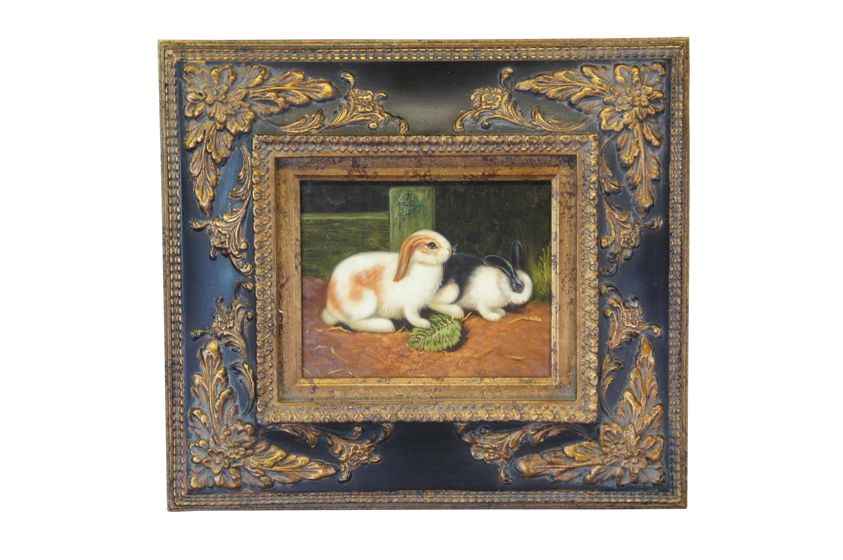 A fun pair of 20th century Rabbit oil paintings on canvas. The bunnies are eating cabbage in a farmhouse setting. Features an ornate black and gold frames.

Sans Frame - 10