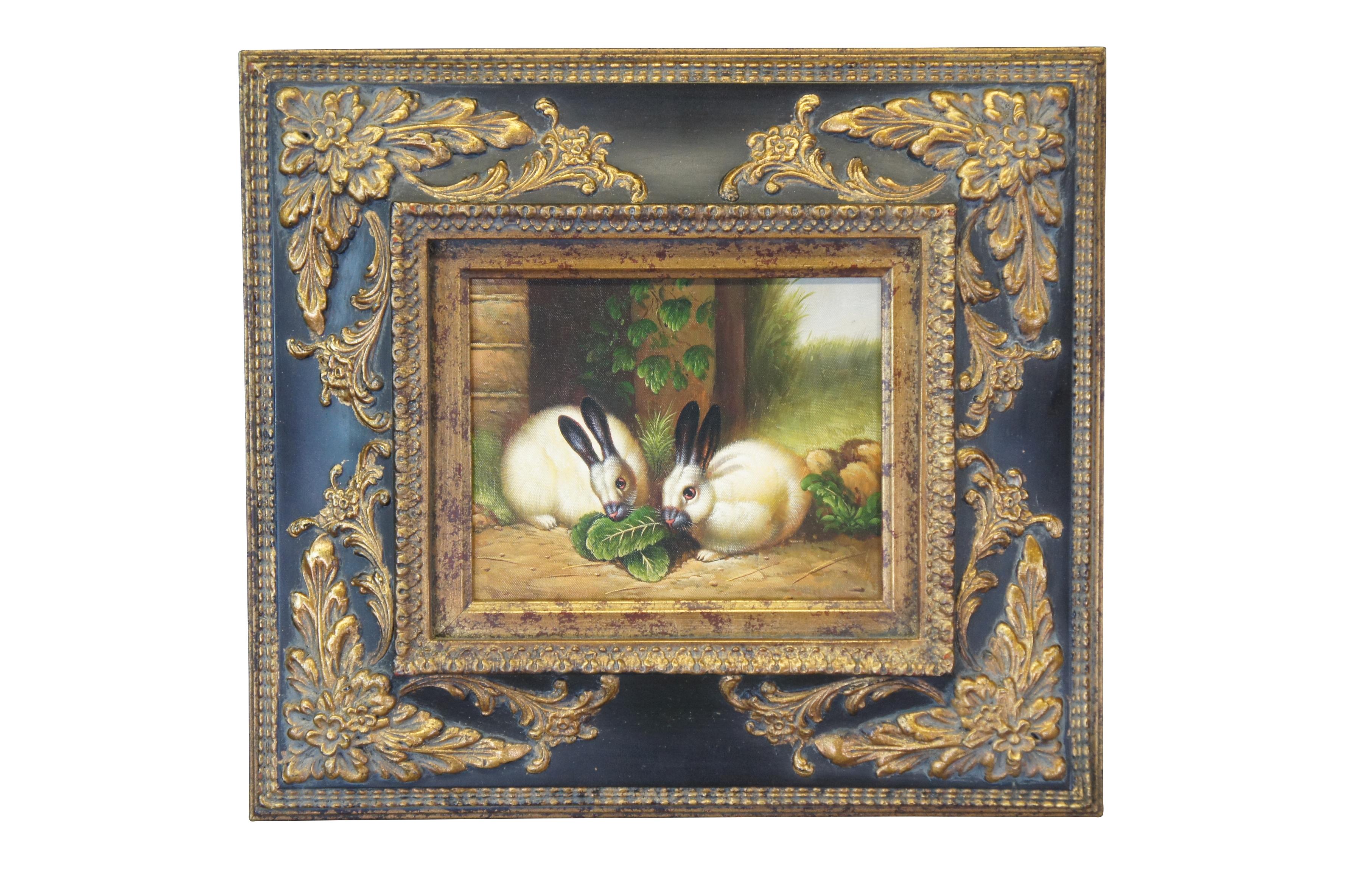 Pair 20th Century Realist Bunny Portraits Oil Painting Farmhouse Rabbits Framed In Good Condition In Dayton, OH